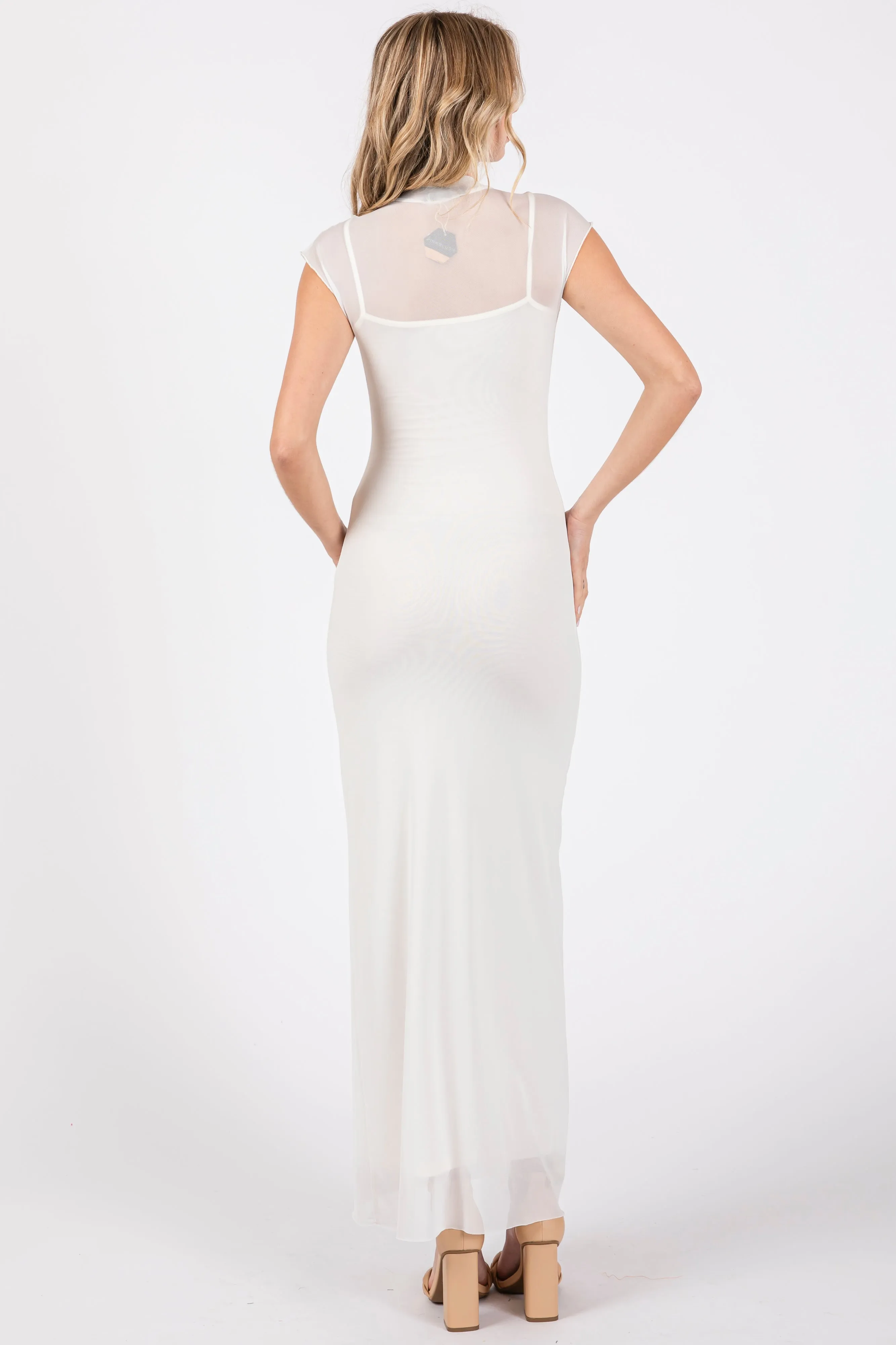 Ivory Mock Neck Sleeveless Mesh Midi Dress sold by Pinkblush product image thumbnail 3