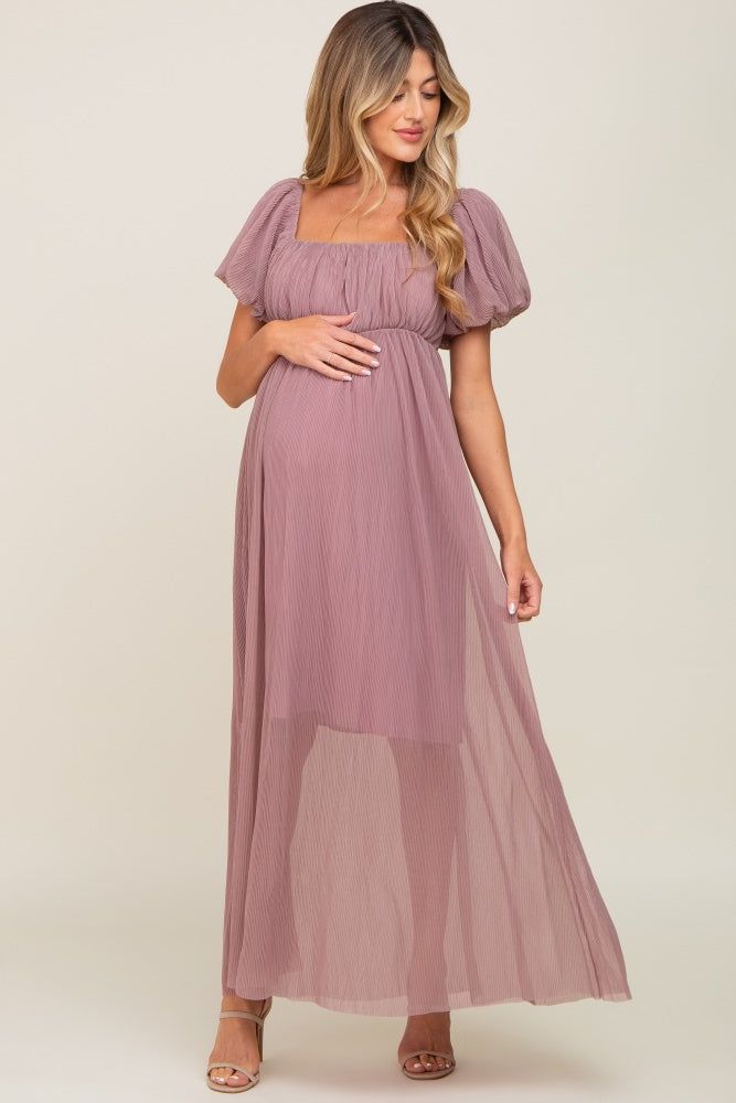 Mauve Pleated Puff Sleeve Matenrity Maxi Dress sold by Pinkblush
