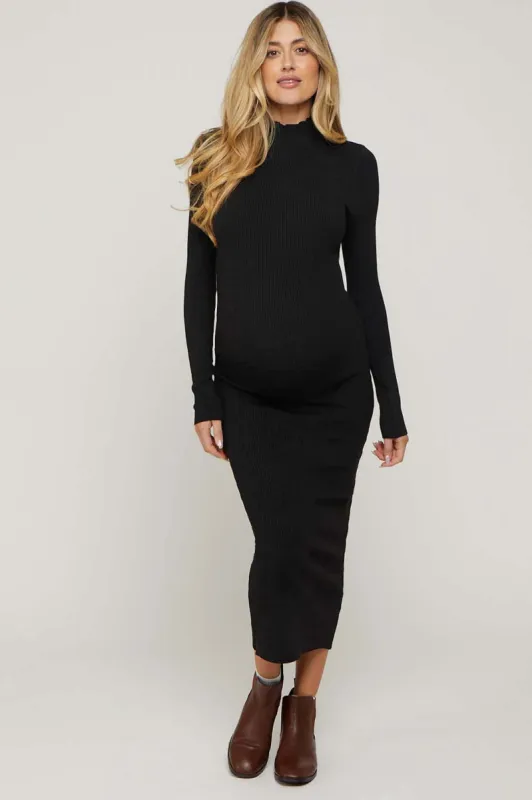 Black Mock Neck Long Sleeve Maternity Midi Dress sold by Pinkblush