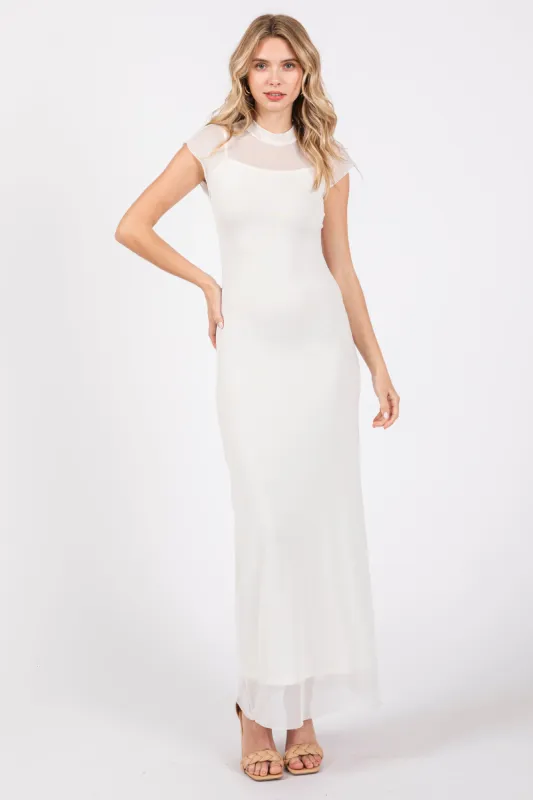 Ivory Mock Neck Sleeveless Mesh Midi Dress sold by Pinkblush