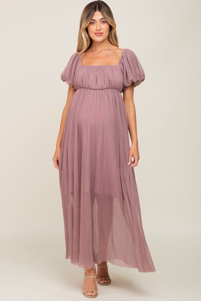 Mauve Pleated Puff Sleeve Matenrity Maxi Dress sold by Pinkblush product image thumbnail 2
