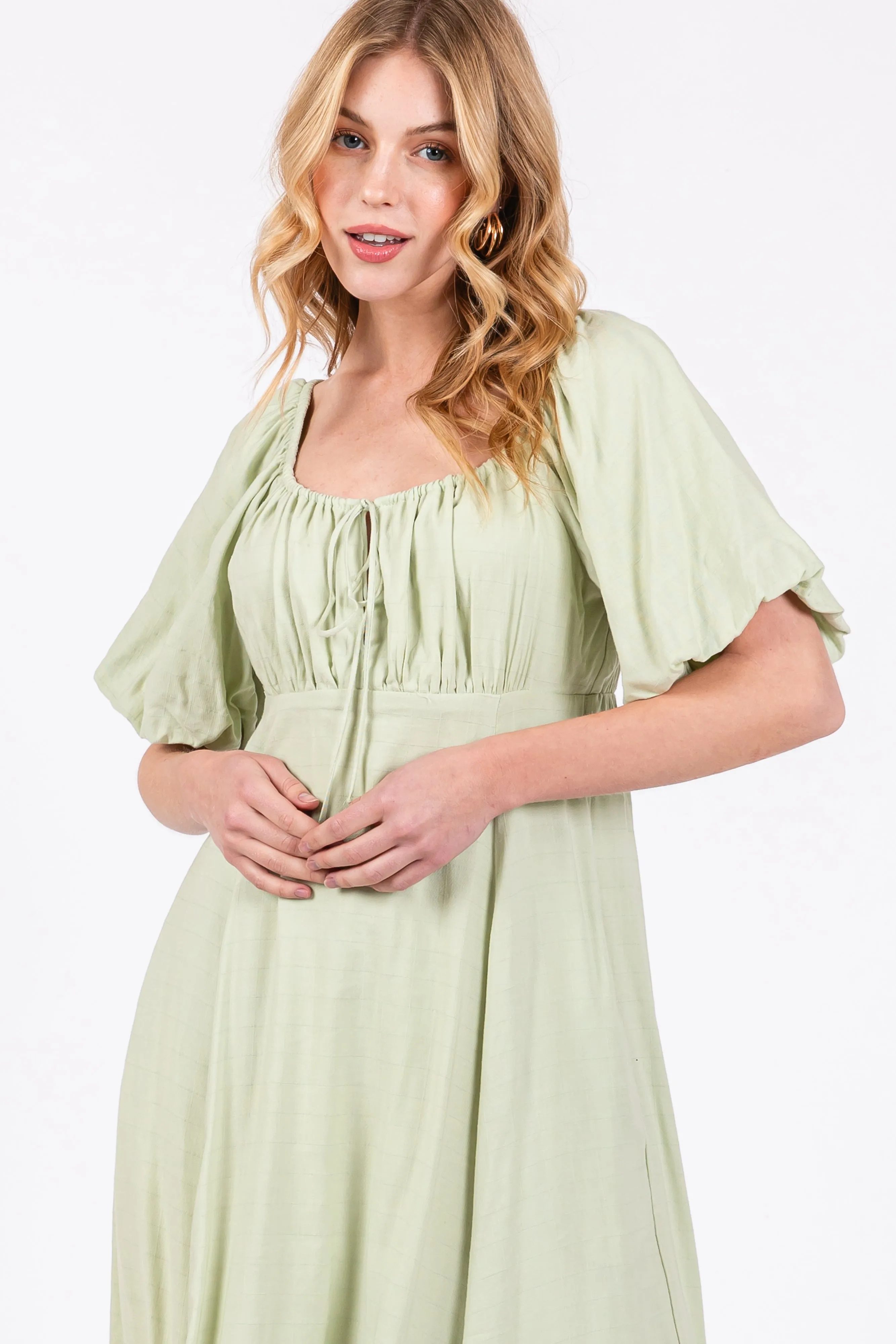 Light Olive Front Tie Puff Sleeve Maxi Dress sold by Pinkblush product image thumbnail 5