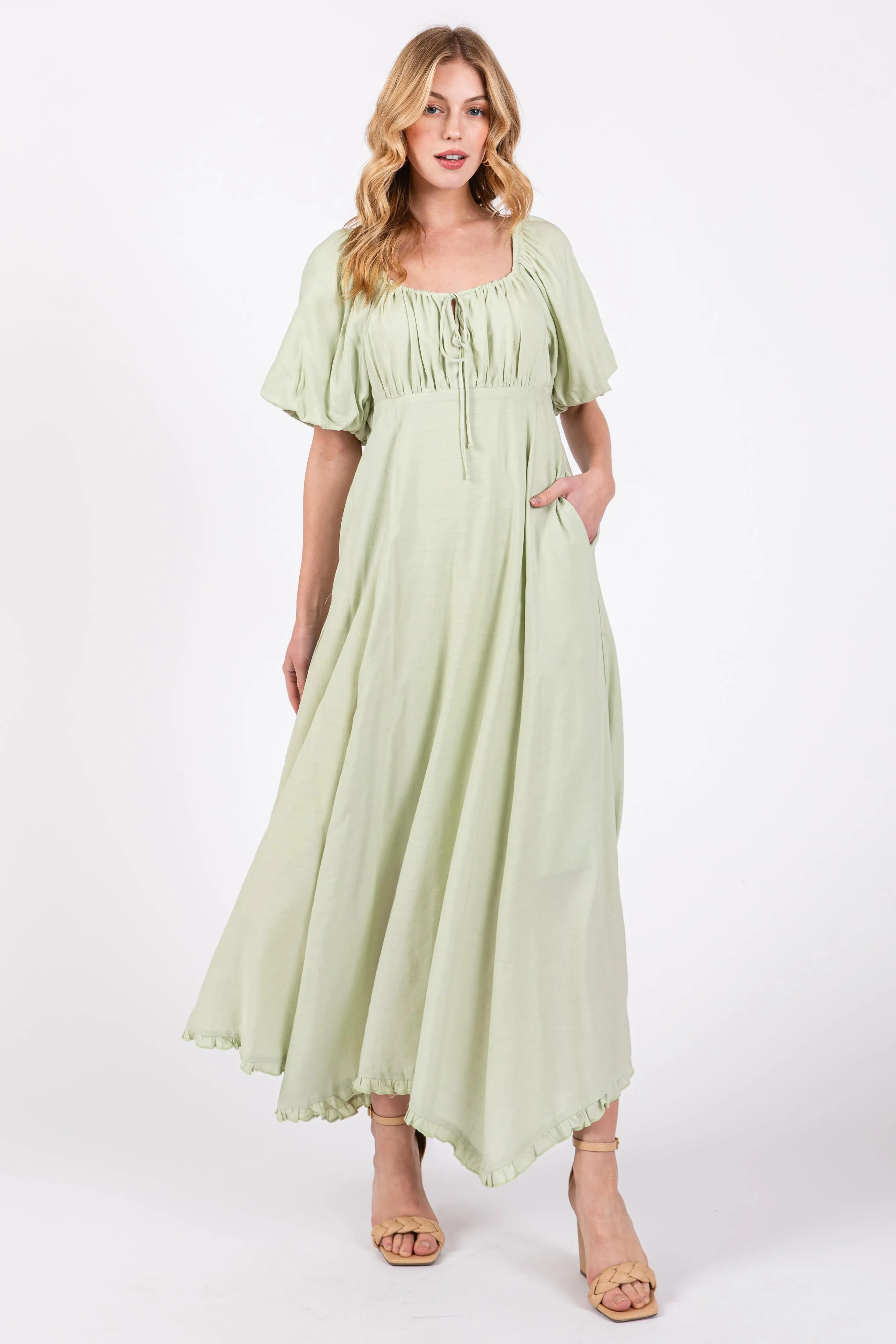 Light Olive Front Tie Puff Sleeve Maxi Dress sold by Pinkblush product image thumbnail 2