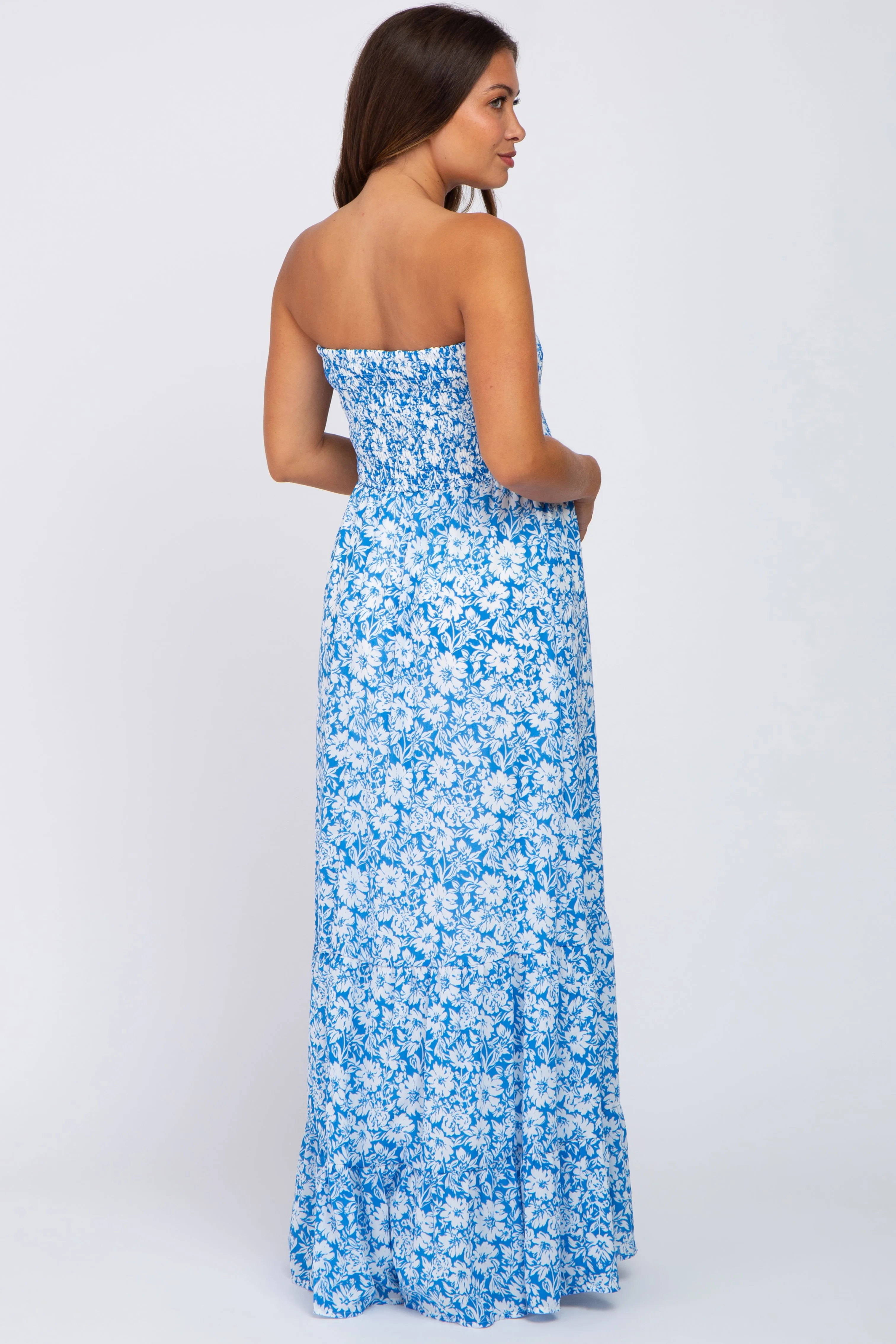 Blue Floral Strapless Smocked Maternity Maxi Dress sold by Pinkblush product image thumbnail 3