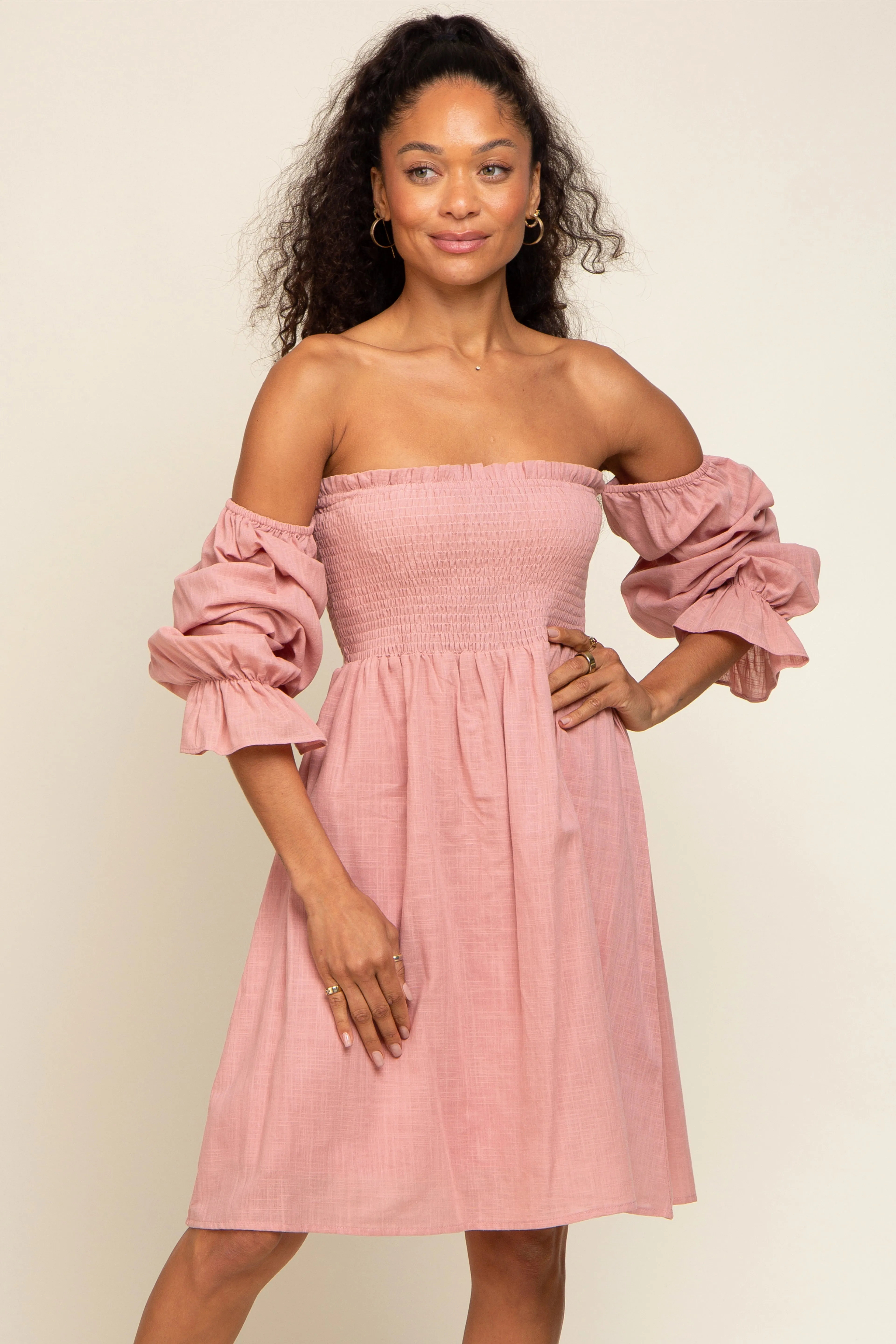 Pink Smocked Off Shoulder Long Sleeve Dress sold by Pinkblush