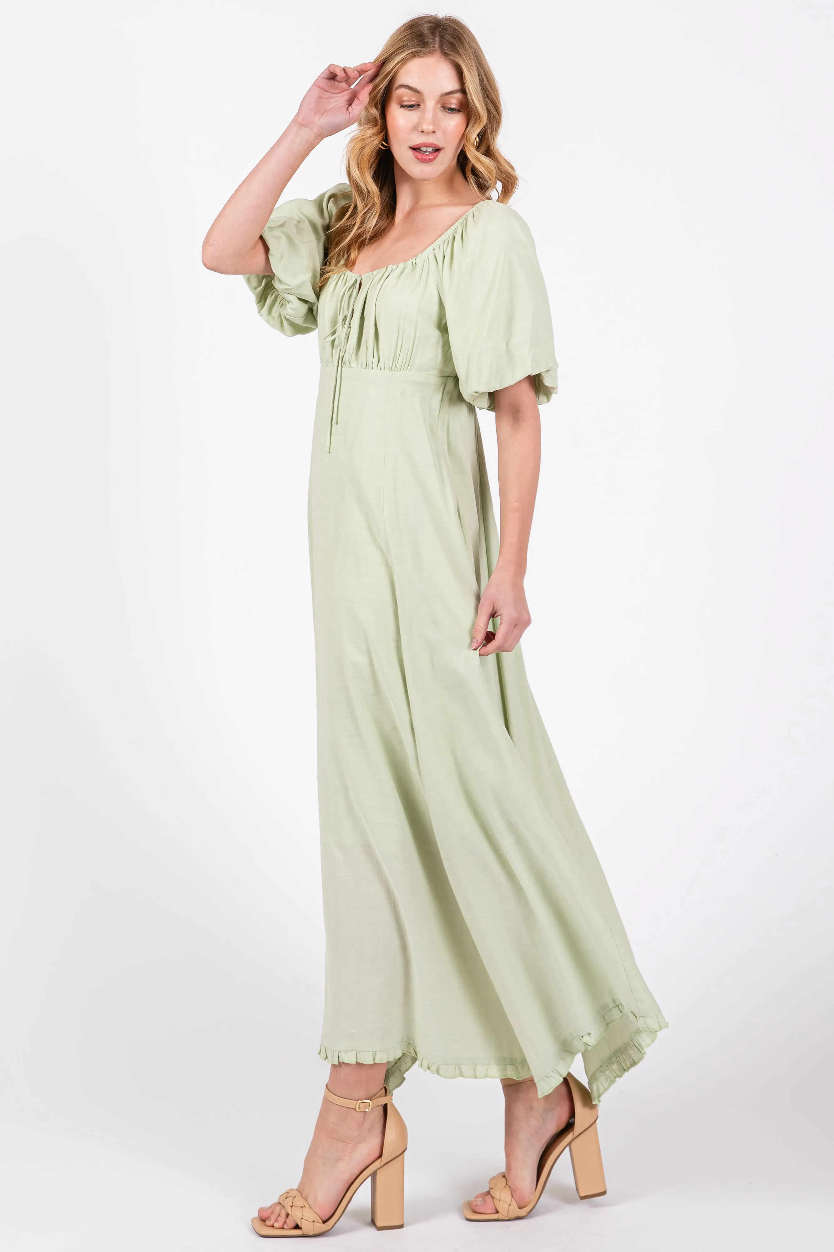 Light Olive Front Tie Puff Sleeve Maxi Dress sold by Pinkblush product image thumbnail 3
