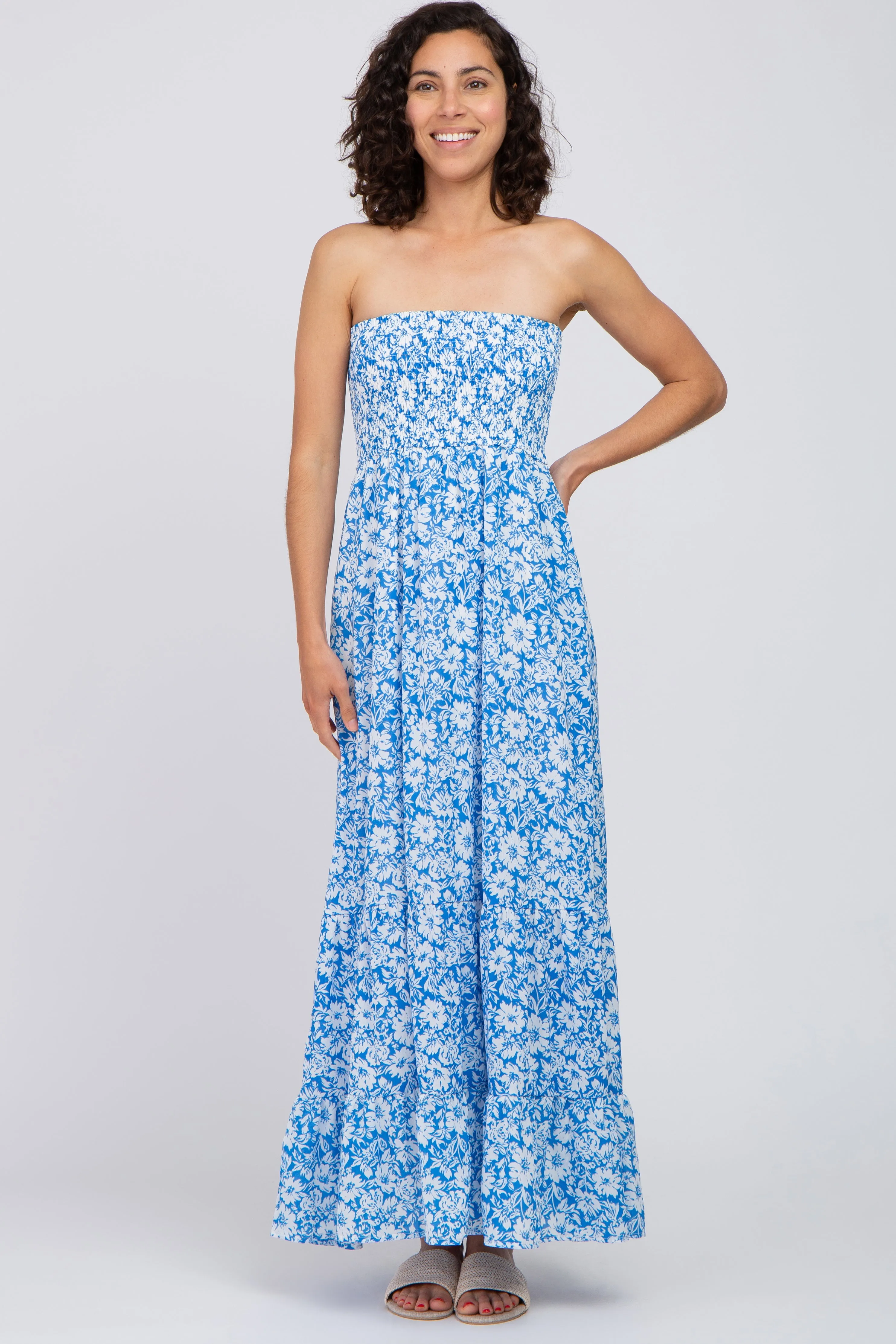 Blue Floral Strapless Smocked Maternity Maxi Dress sold by Pinkblush product image thumbnail 4