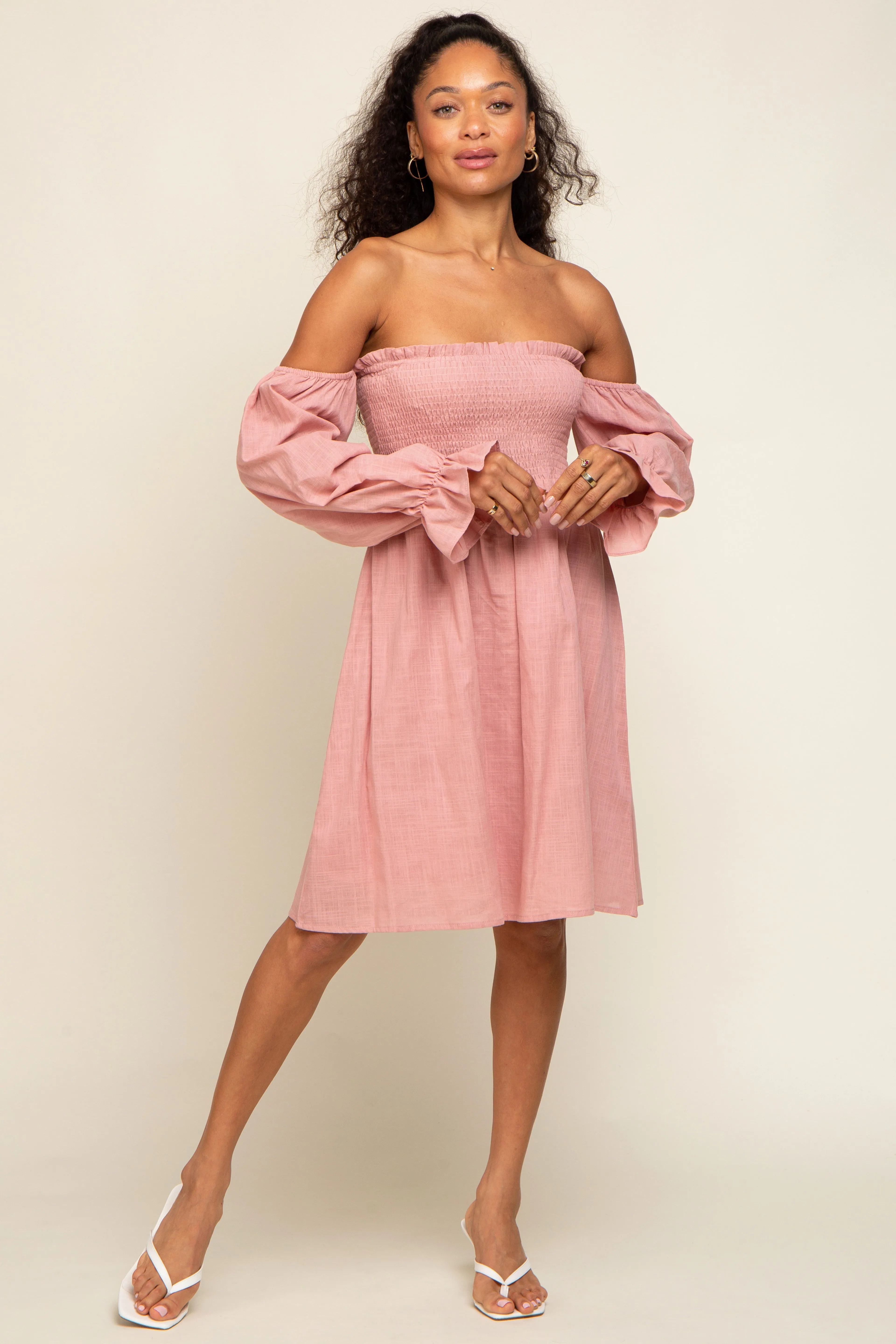Pink Smocked Off Shoulder Long Sleeve Dress sold by Pinkblush product image thumbnail 4