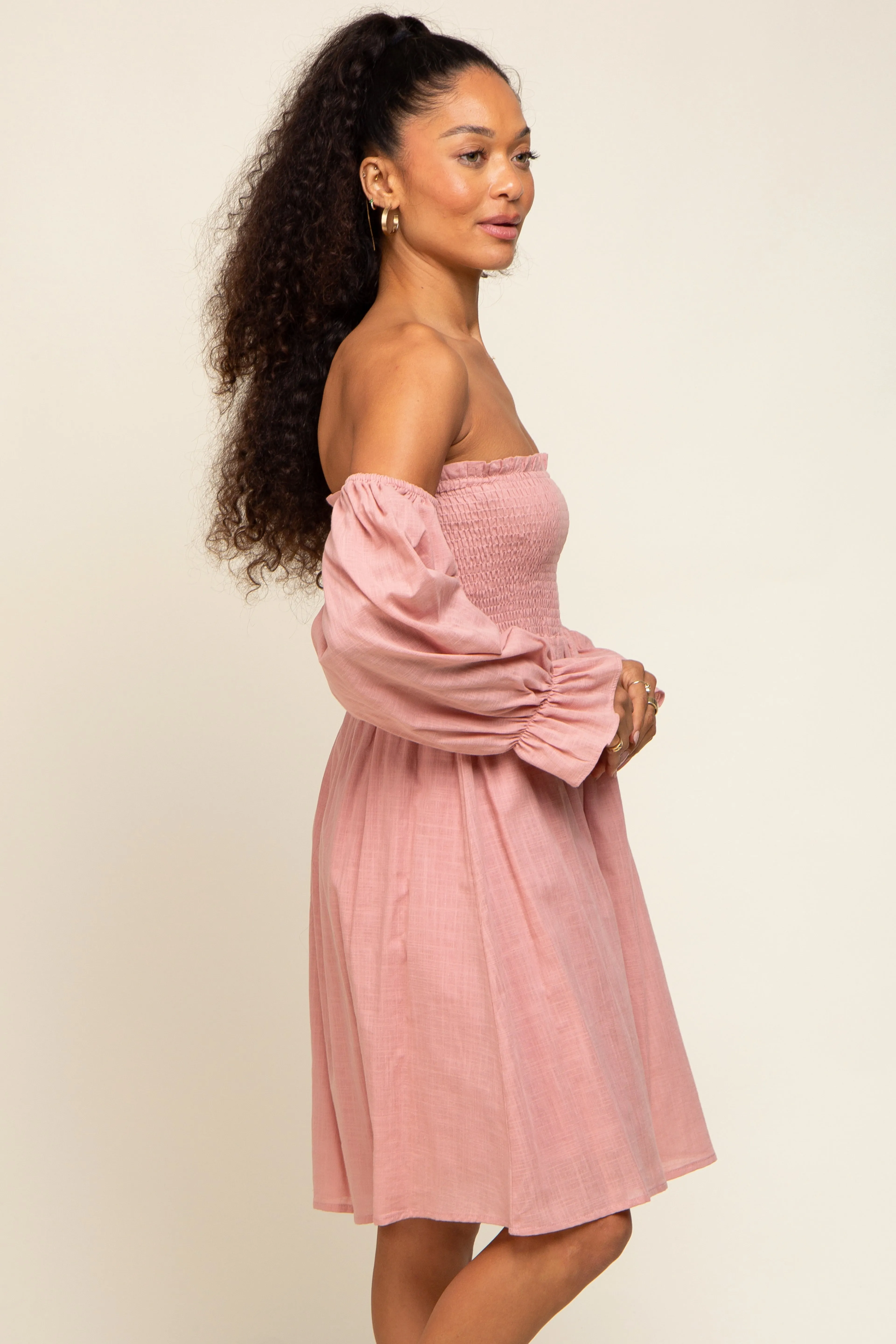 Pink Smocked Off Shoulder Long Sleeve Dress sold by Pinkblush product image thumbnail 2