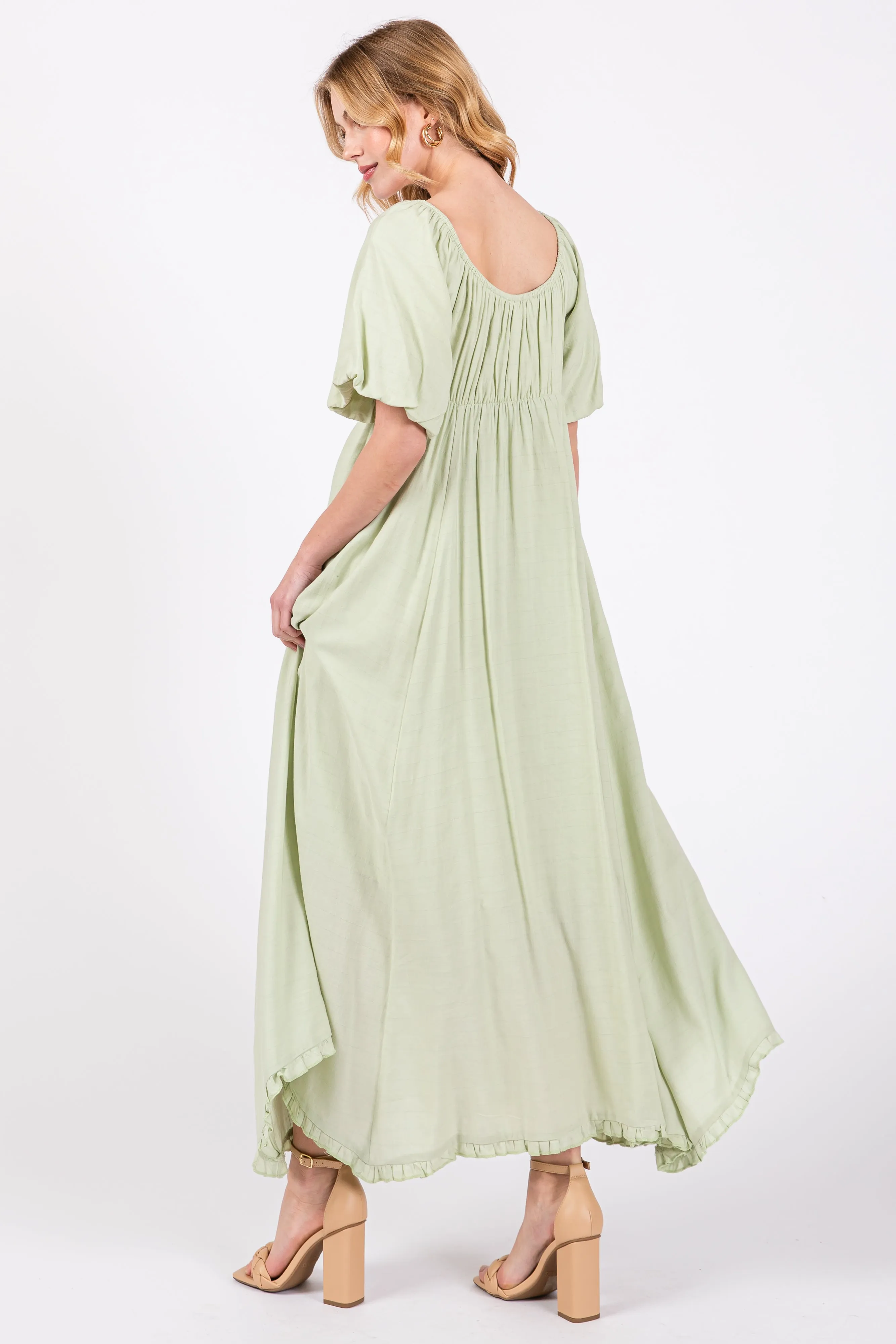 Light Olive Front Tie Puff Sleeve Maxi Dress sold by Pinkblush product image thumbnail 4