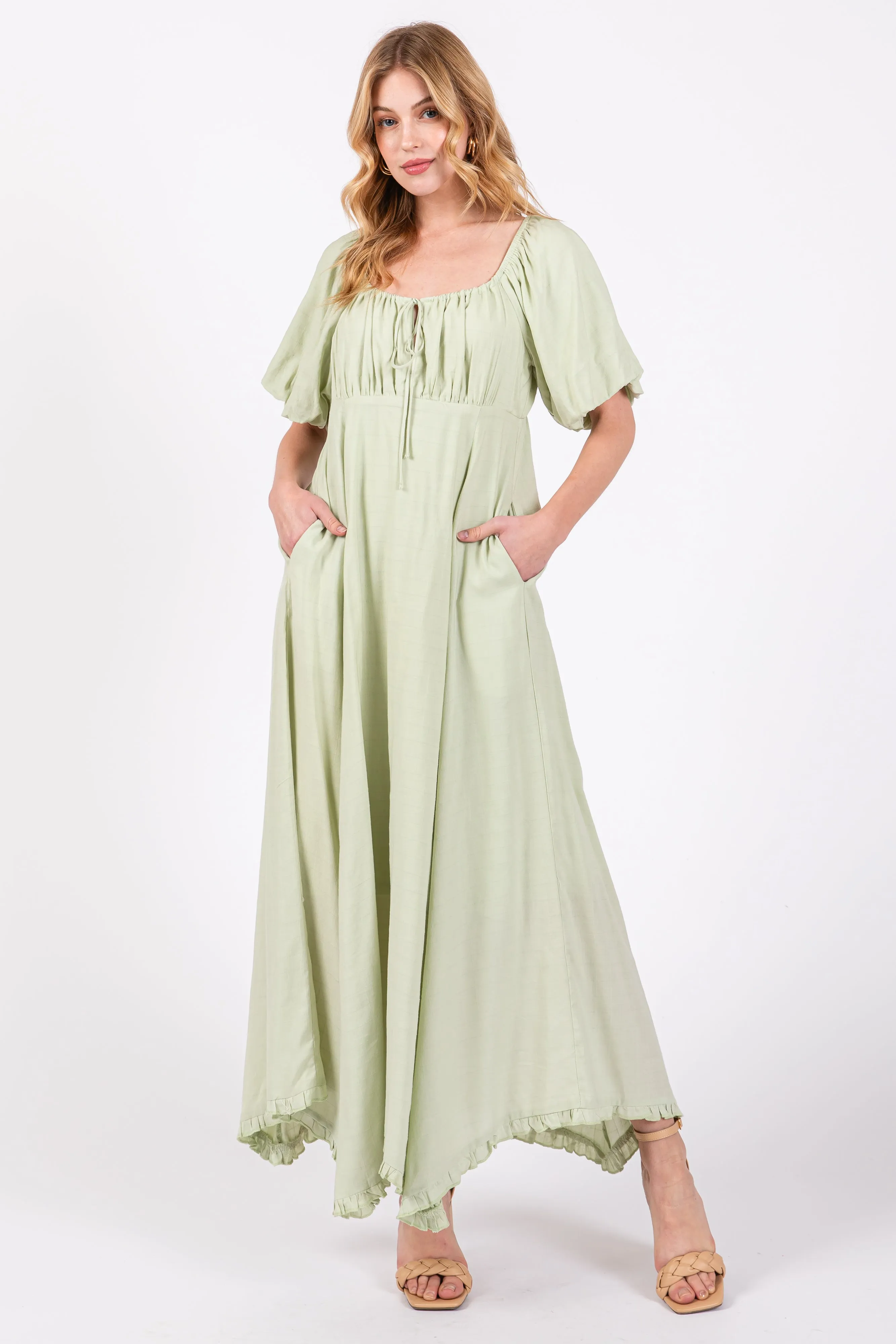 Light Olive Front Tie Puff Sleeve Maxi Dress sold by Pinkblush