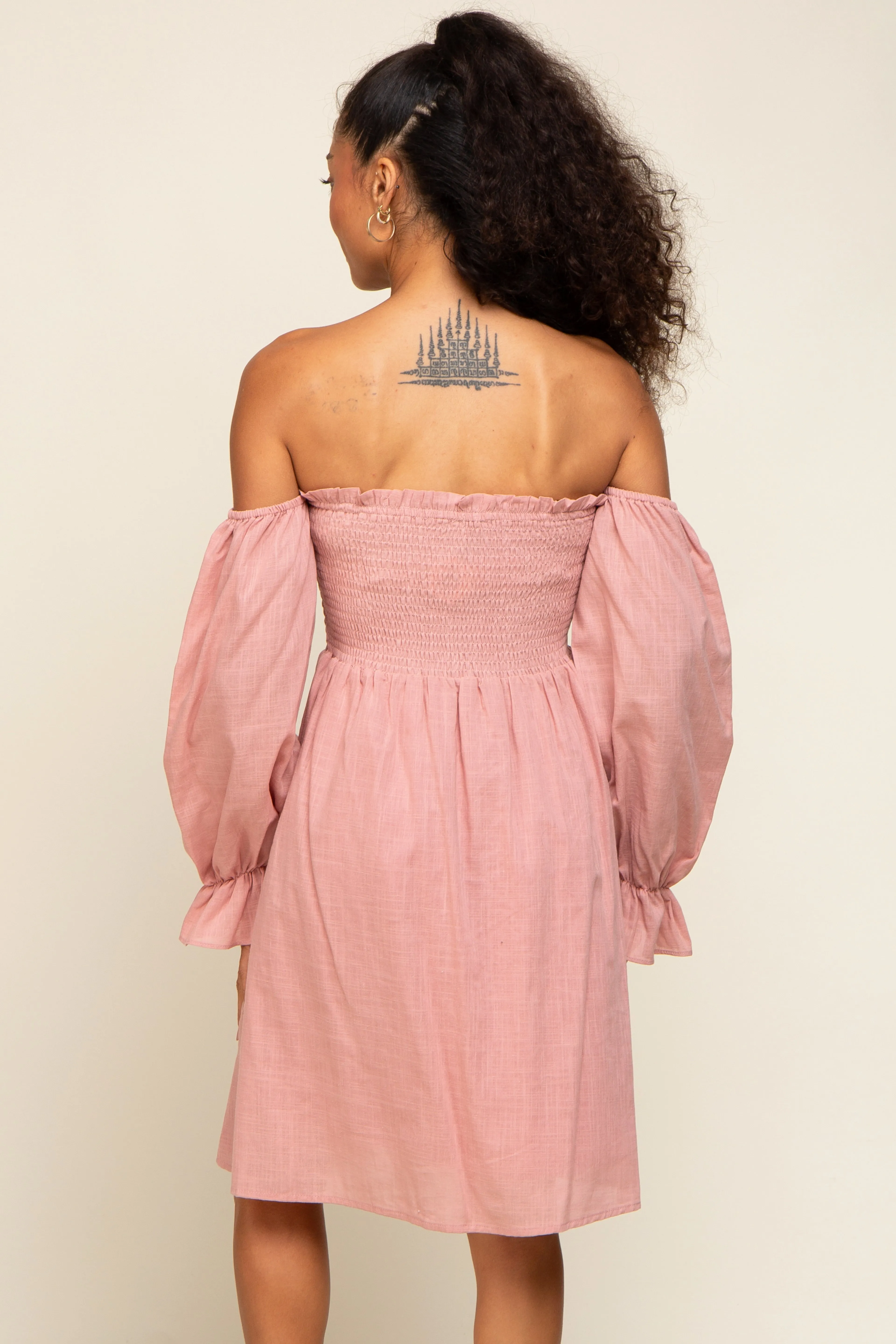 Pink Smocked Off Shoulder Long Sleeve Dress sold by Pinkblush product image thumbnail 3