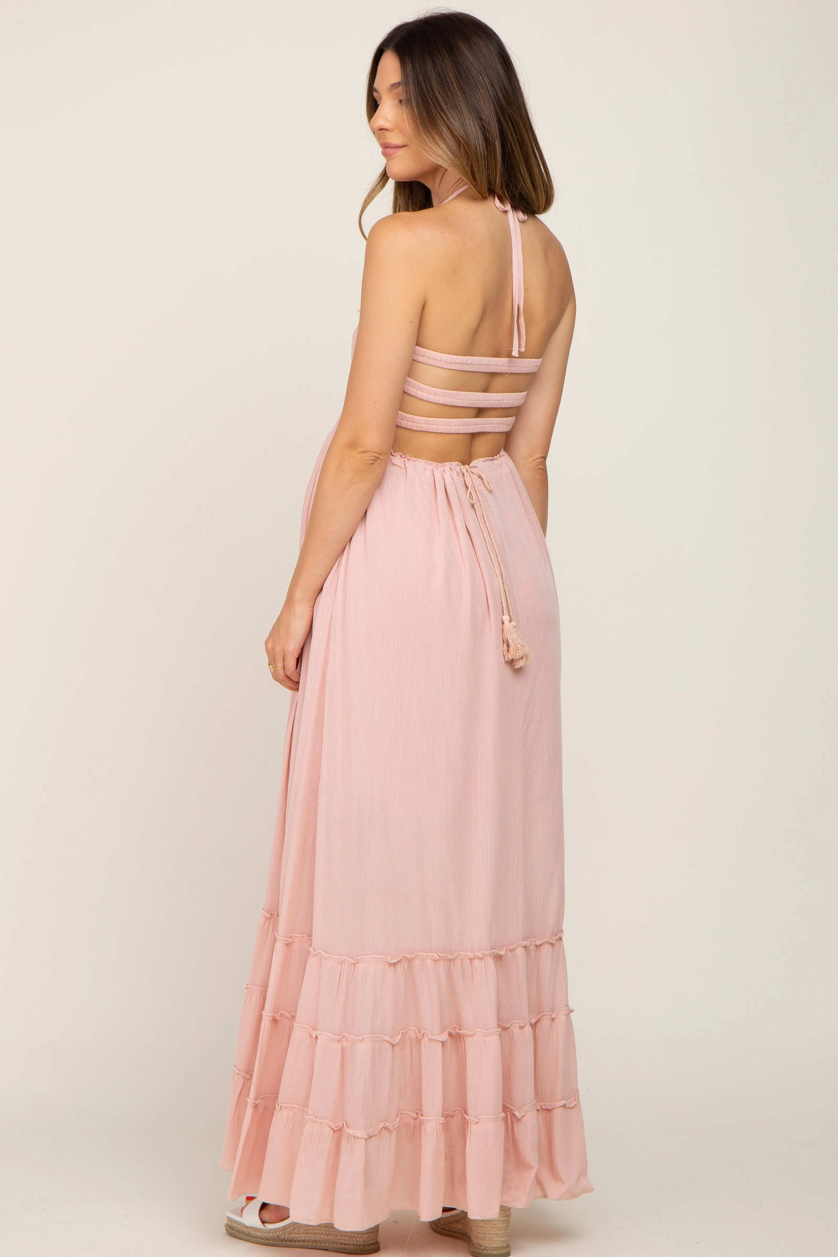 Light Pink Halter Smocked Maternity Maxi Dress sold by Pinkblush product image thumbnail 3