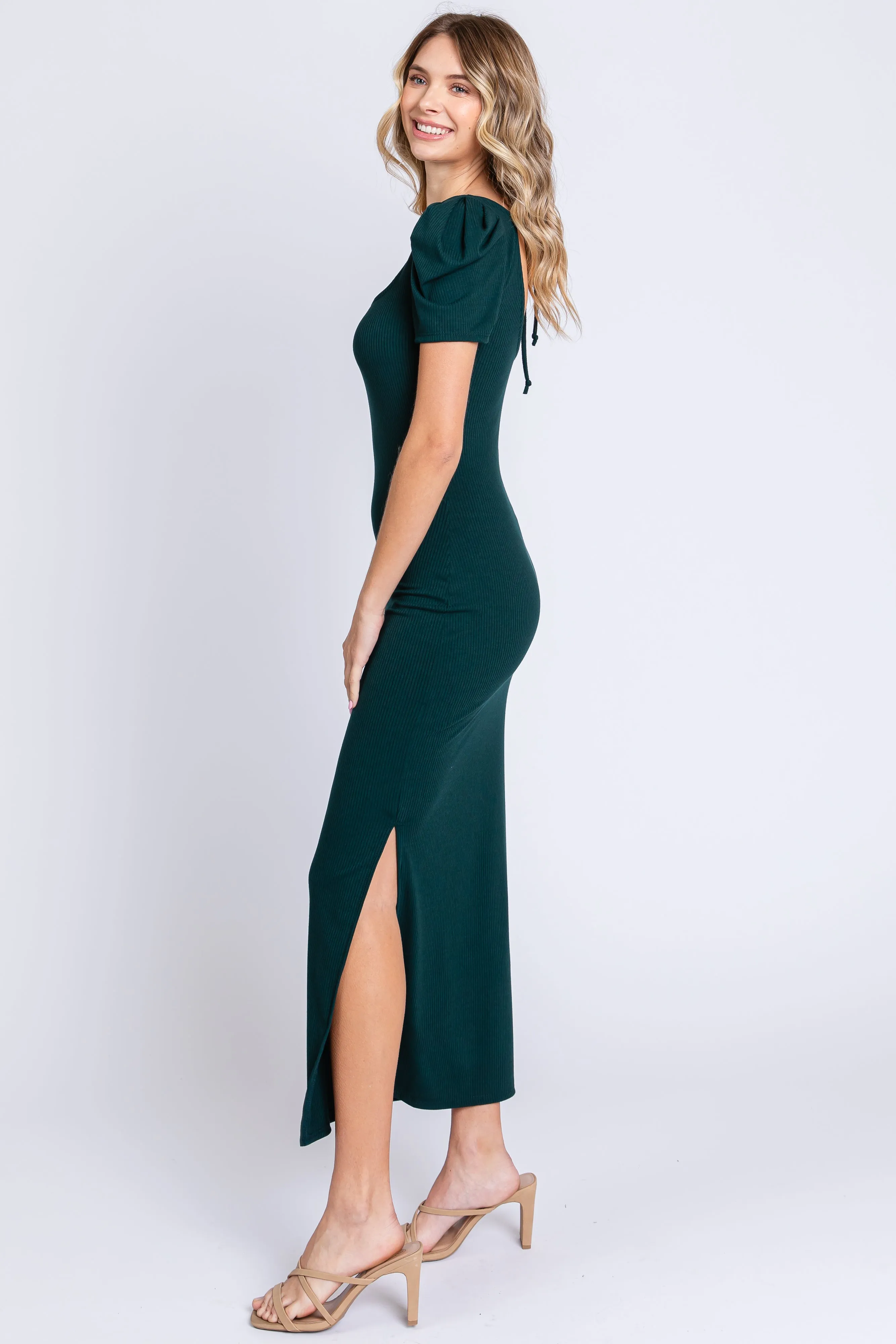 Hunter Green Ribbed Square Neck Side Slit Dress sold by Pinkblush product image thumbnail 2