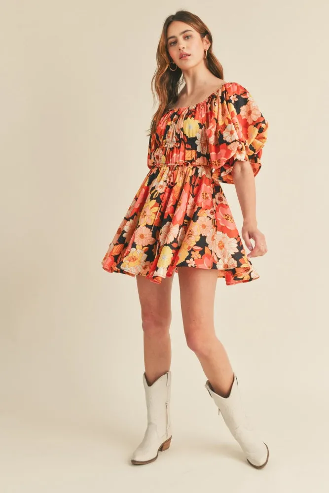 Black Multi Floral Print Bubble Sleeve Flared Mini Dress sold by Pinkblush product image thumbnail 4
