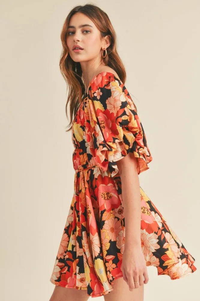 Black Multi Floral Print Bubble Sleeve Flared Mini Dress sold by Pinkblush