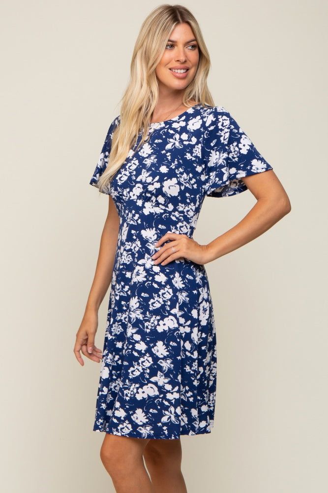 Navy Blue Floral Short Sleeve Dress sold by Pinkblush product image thumbnail 2