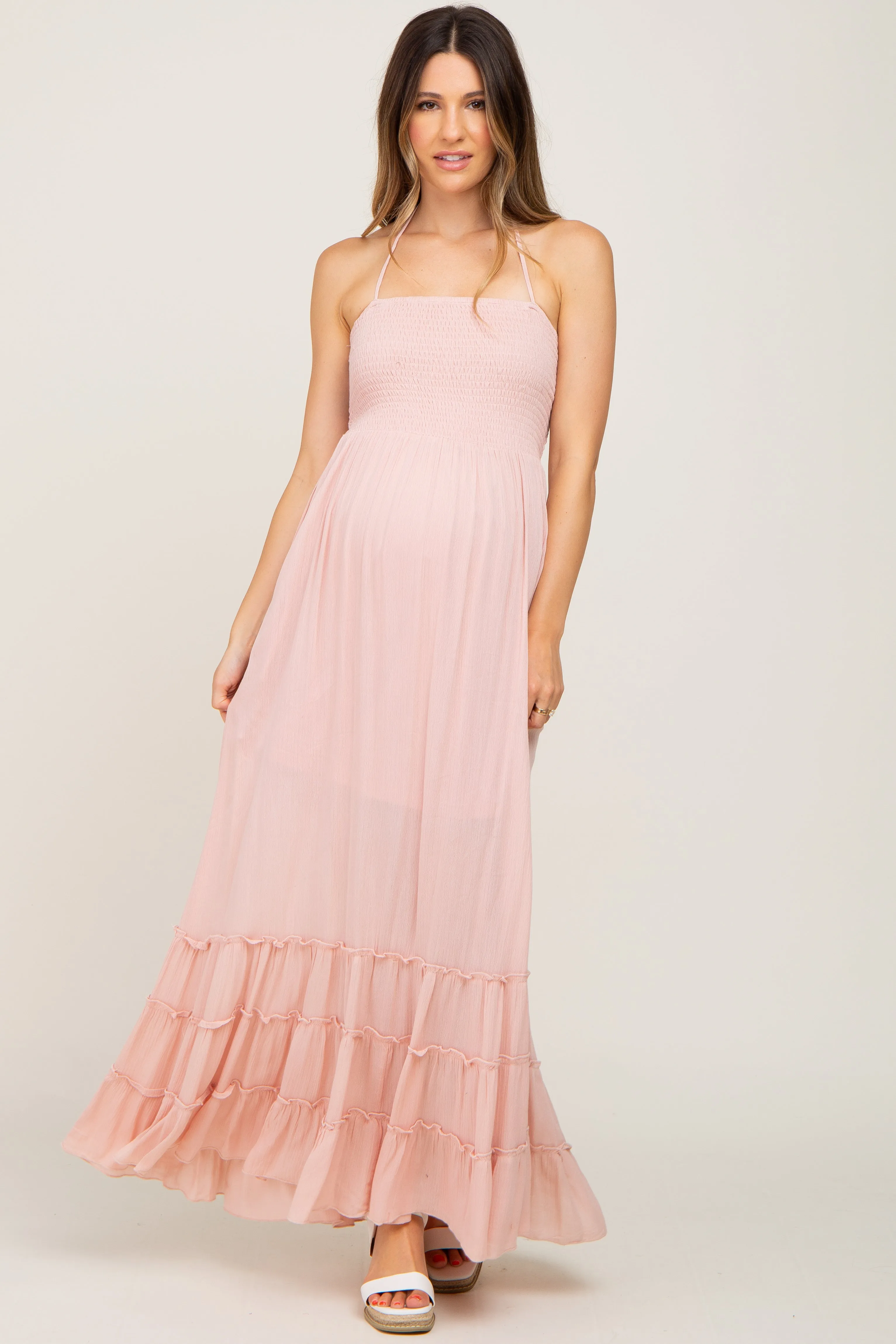 Light Pink Halter Smocked Maternity Maxi Dress sold by Pinkblush