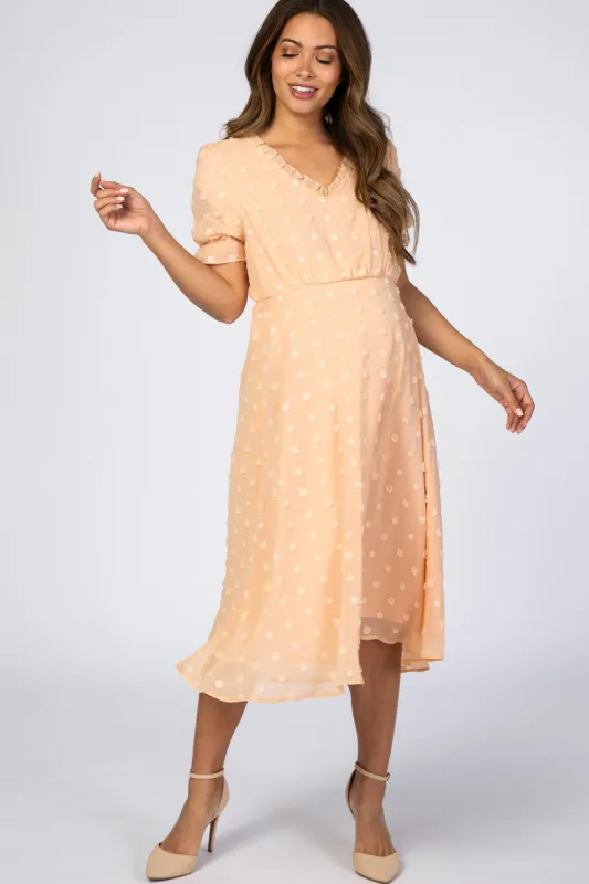 Peach Swiss Dot Ruffle Trim Maternity Dress sold by Pinkblush