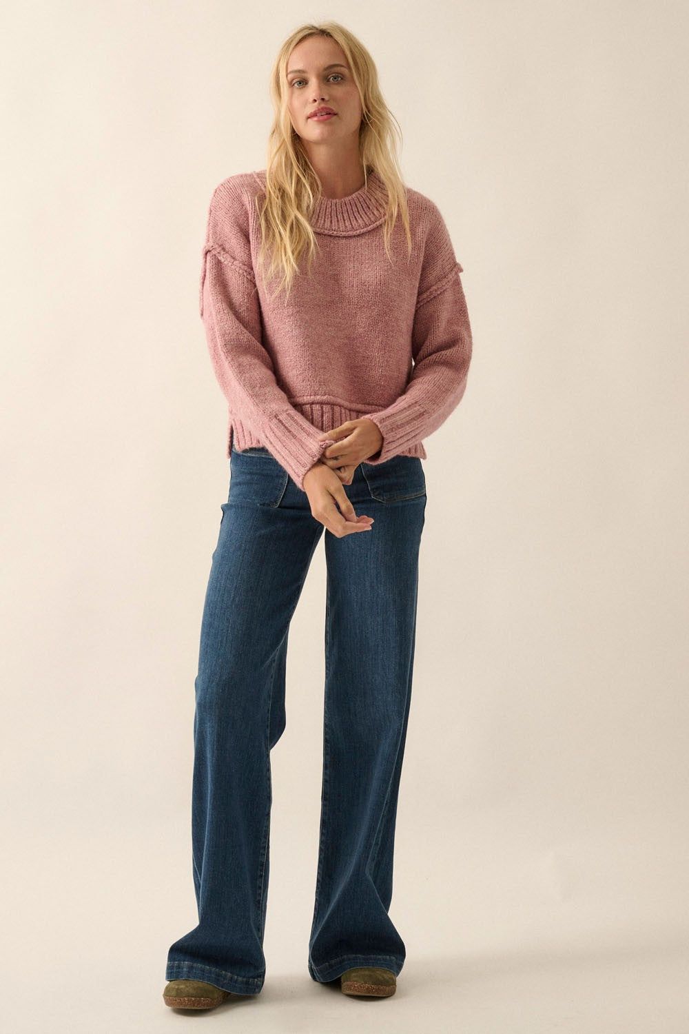 Pink Solid Round Neck Expose Seam Sweater sold by Pinkblush product image thumbnail 5