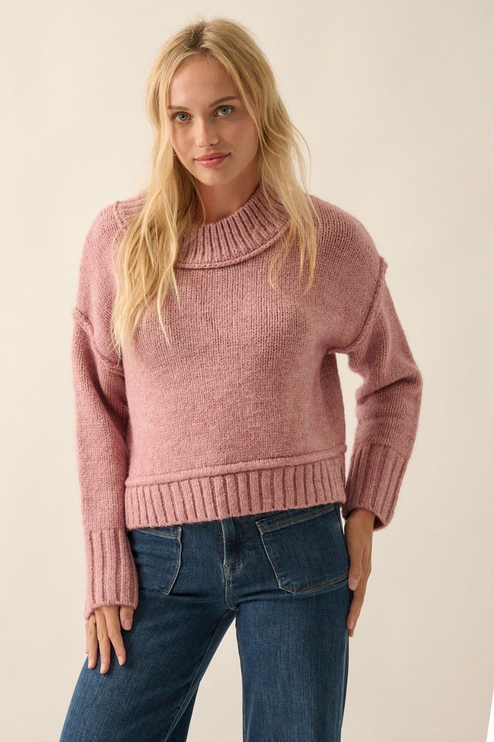 Pink Solid Round Neck Expose Seam Sweater sold by Pinkblush product image thumbnail 2