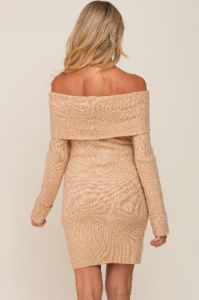 Beige Off-Shoulder Fold Over Maternity Sweater Dress sold by Pinkblush