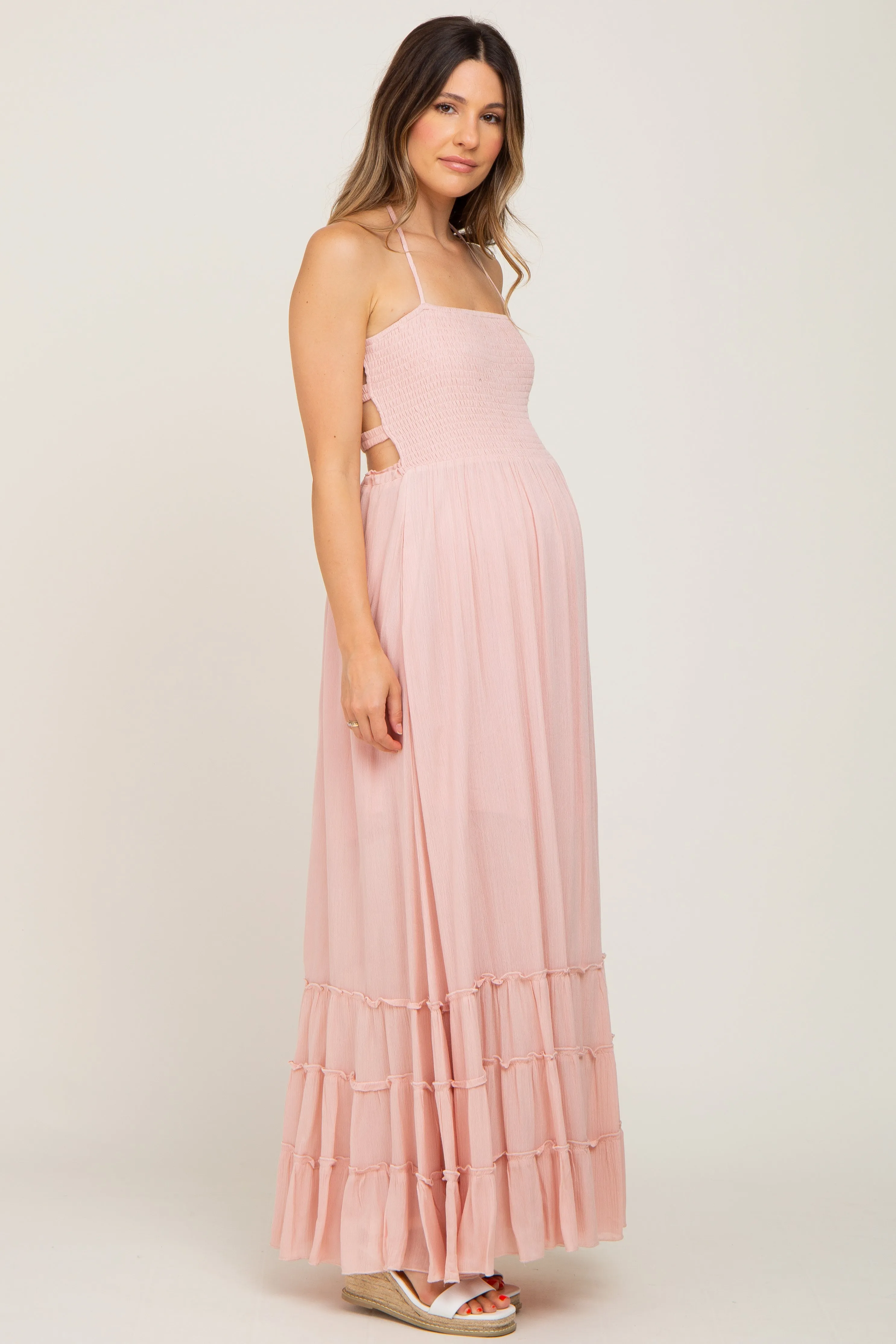 Light Pink Halter Smocked Maternity Maxi Dress sold by Pinkblush product image thumbnail 2