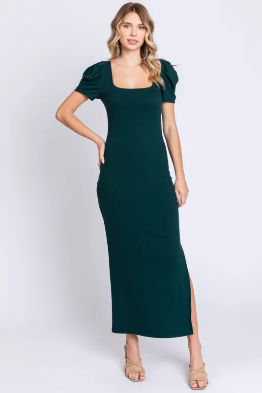 Hunter Green Ribbed Square Neck Side Slit Dress made by Vanilla Bay