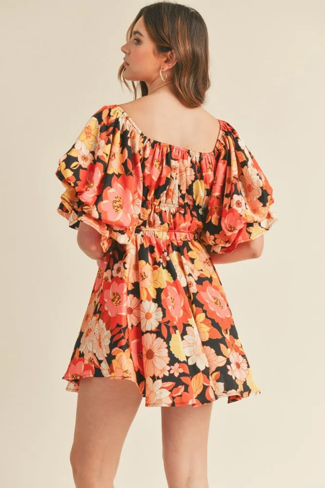 Black Multi Floral Print Bubble Sleeve Flared Mini Dress sold by Pinkblush product image thumbnail 3