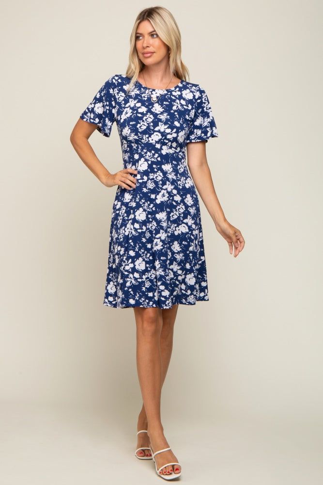 Navy Blue Floral Short Sleeve Dress sold by Pinkblush product image thumbnail 4