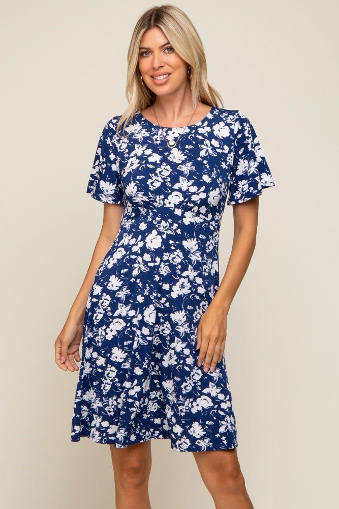 Navy Blue Floral Short Sleeve Dress sold by Pinkblush