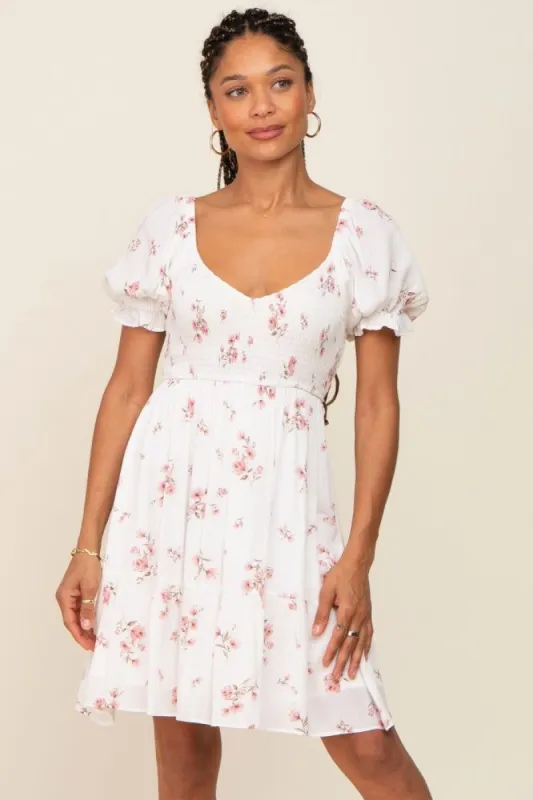 White Floral Smocked Short Puff Sleeve Dress sold by Pinkblush