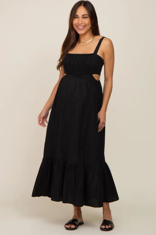 Black Sleeveless Cutout Ruffle Hem Maternity Maxi Dress sold by Pinkblush