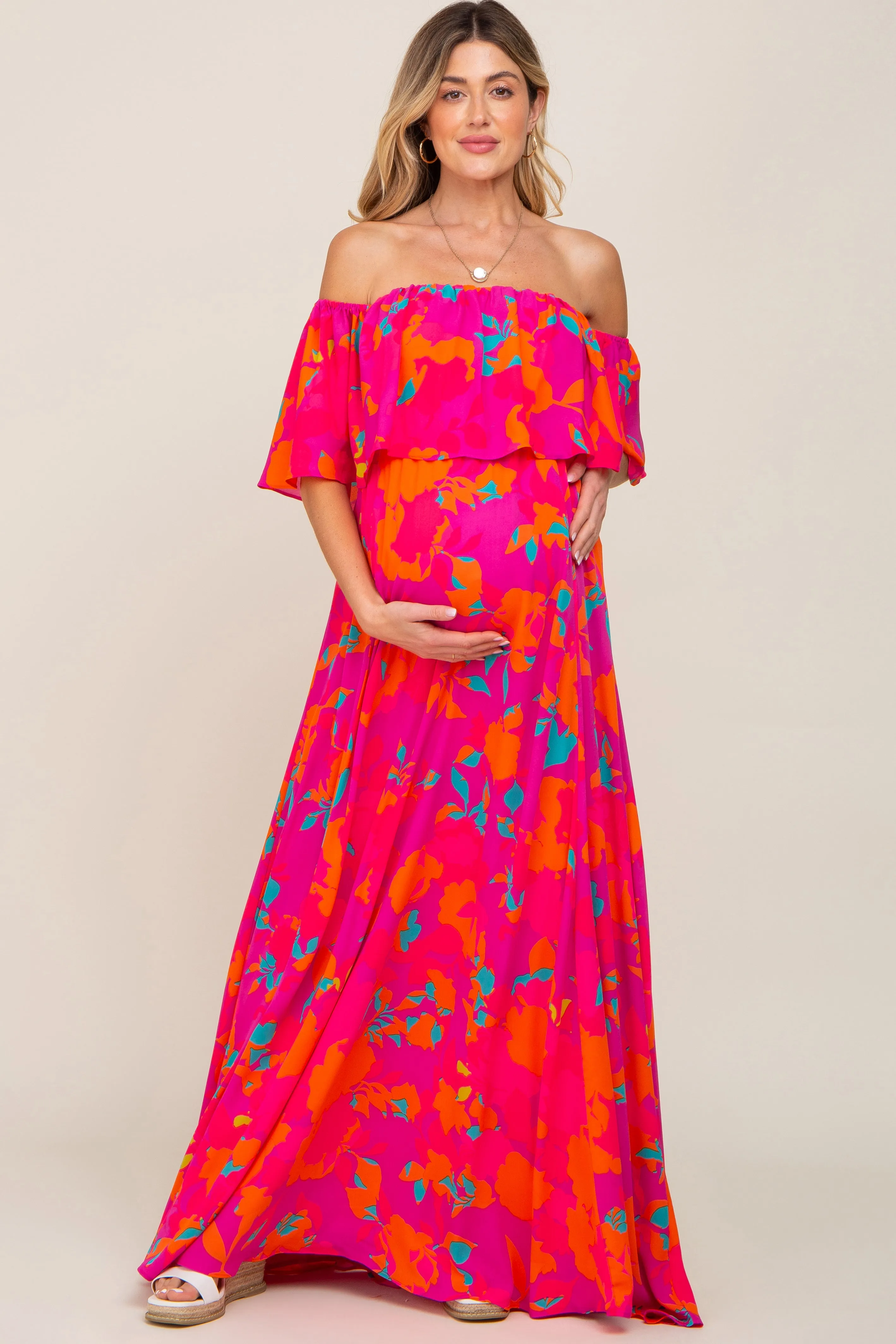 Fuchsia Floral Strapless Flounce Maternity Maxi Dress sold by Pinkblush