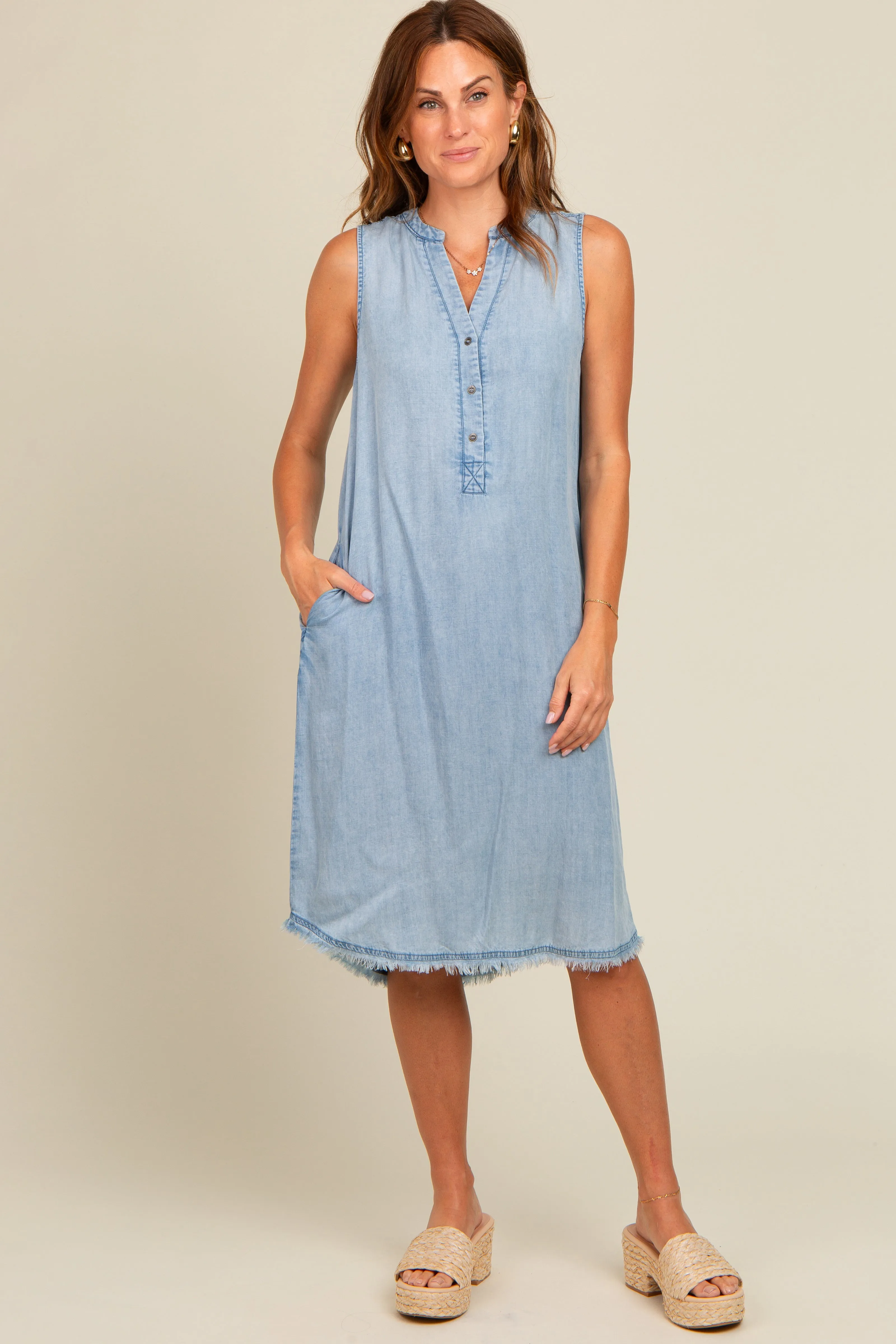 Light Blue Chambray Button Up Fringe Sleeveless Maternity Dress sold by Pinkblush product image thumbnail 3