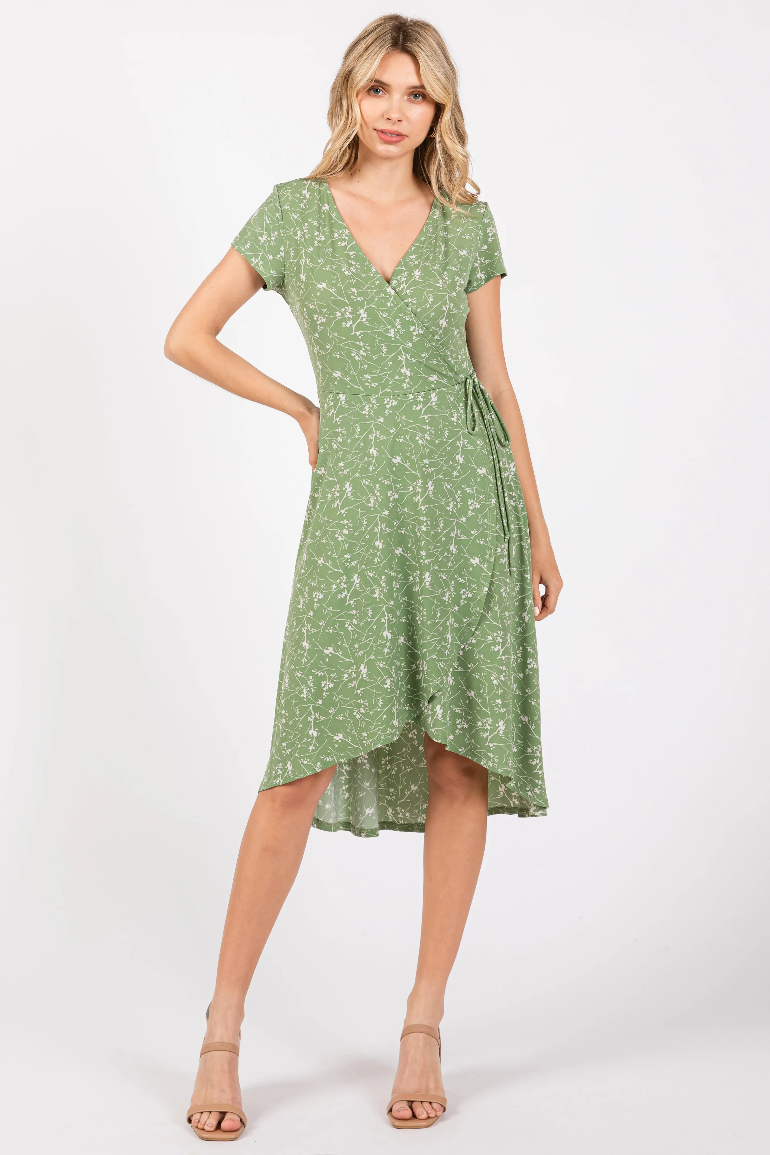 Green Floral Hi-Lo Wrap Dress sold by Pinkblush