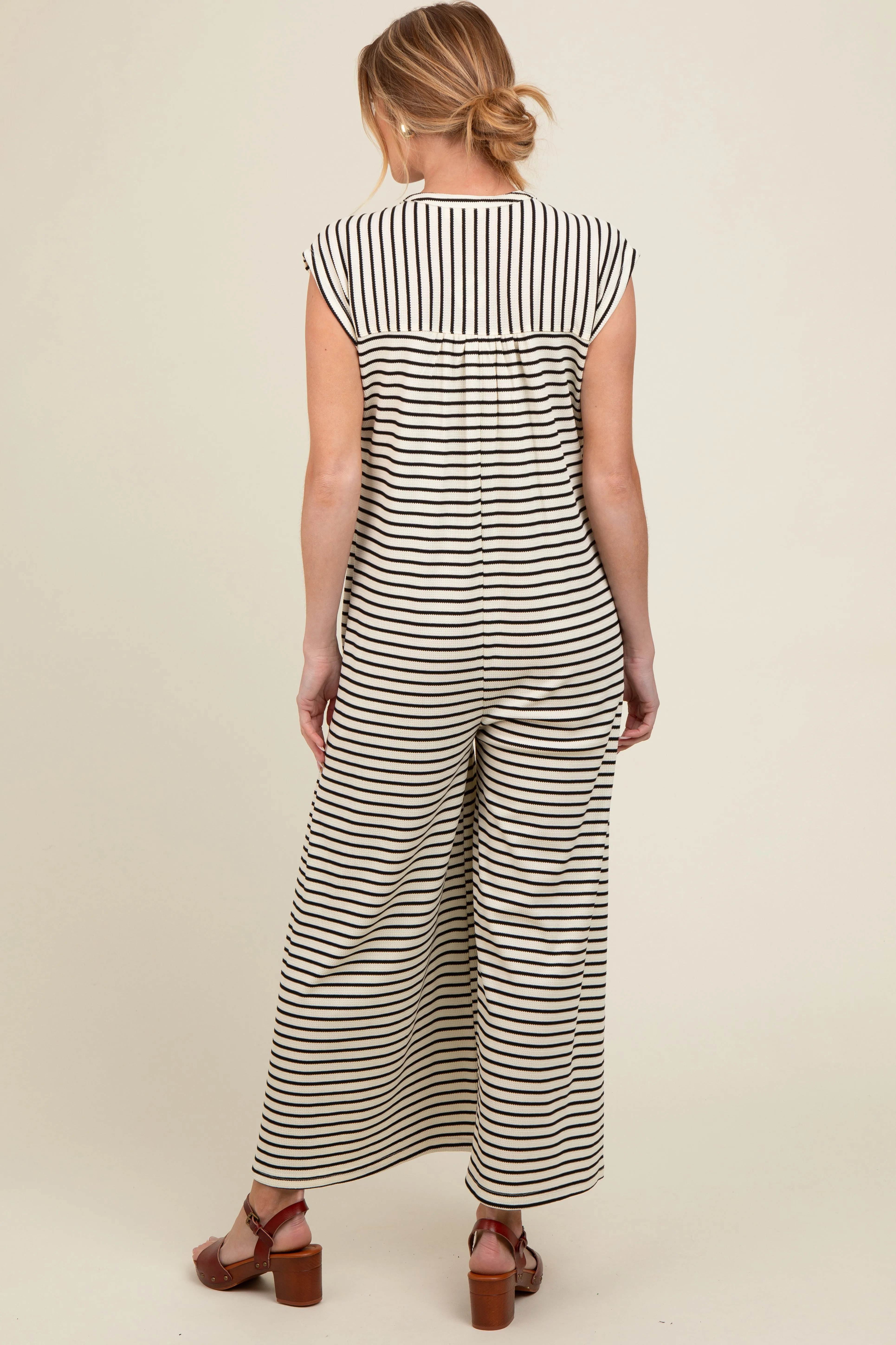 Black Striped Button Up Wide Leg Maternity Jumpsuit sold by Pinkblush product image thumbnail 4