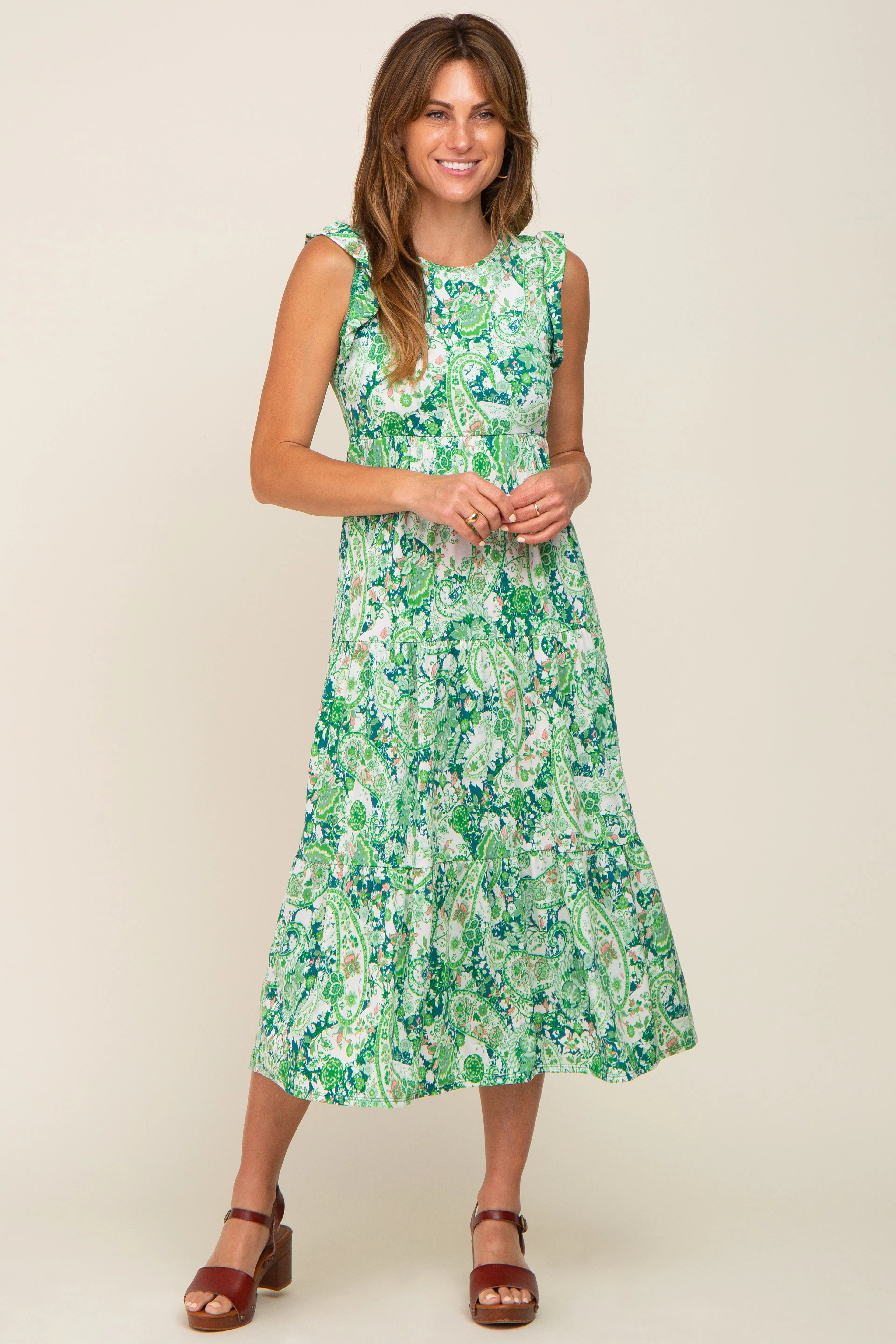 Green Floral Paisley Tiered Midi Dress sold by Pinkblush product image thumbnail 4