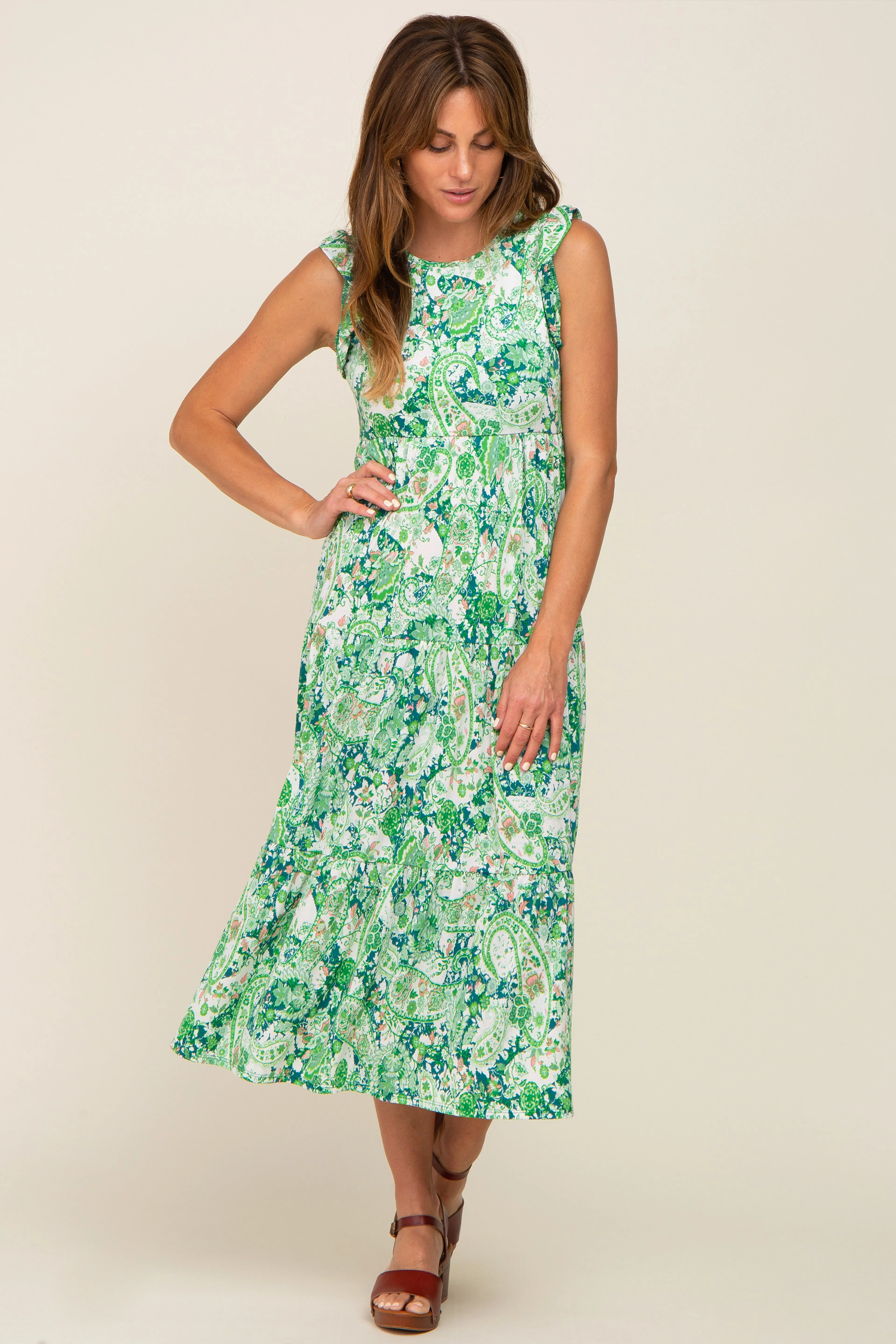 Green Floral Paisley Tiered Midi Dress sold by Pinkblush