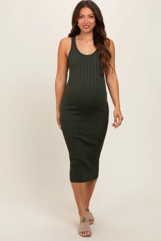Olive Rib Knit Sleeveless Maternity Midi Dress sold by Pinkblush