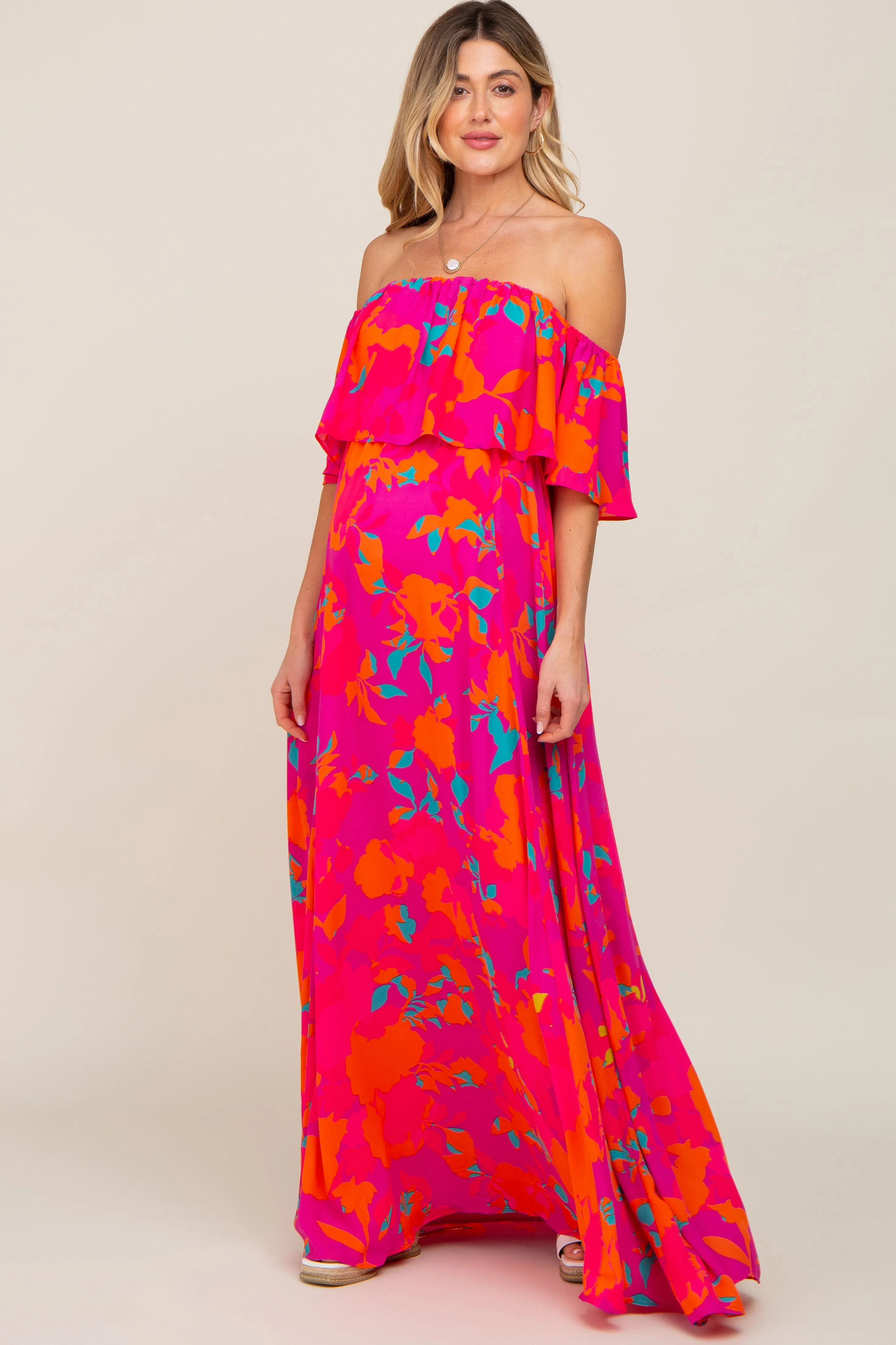 Fuchsia Floral Strapless Flounce Maternity Maxi Dress sold by Pinkblush product image thumbnail 5