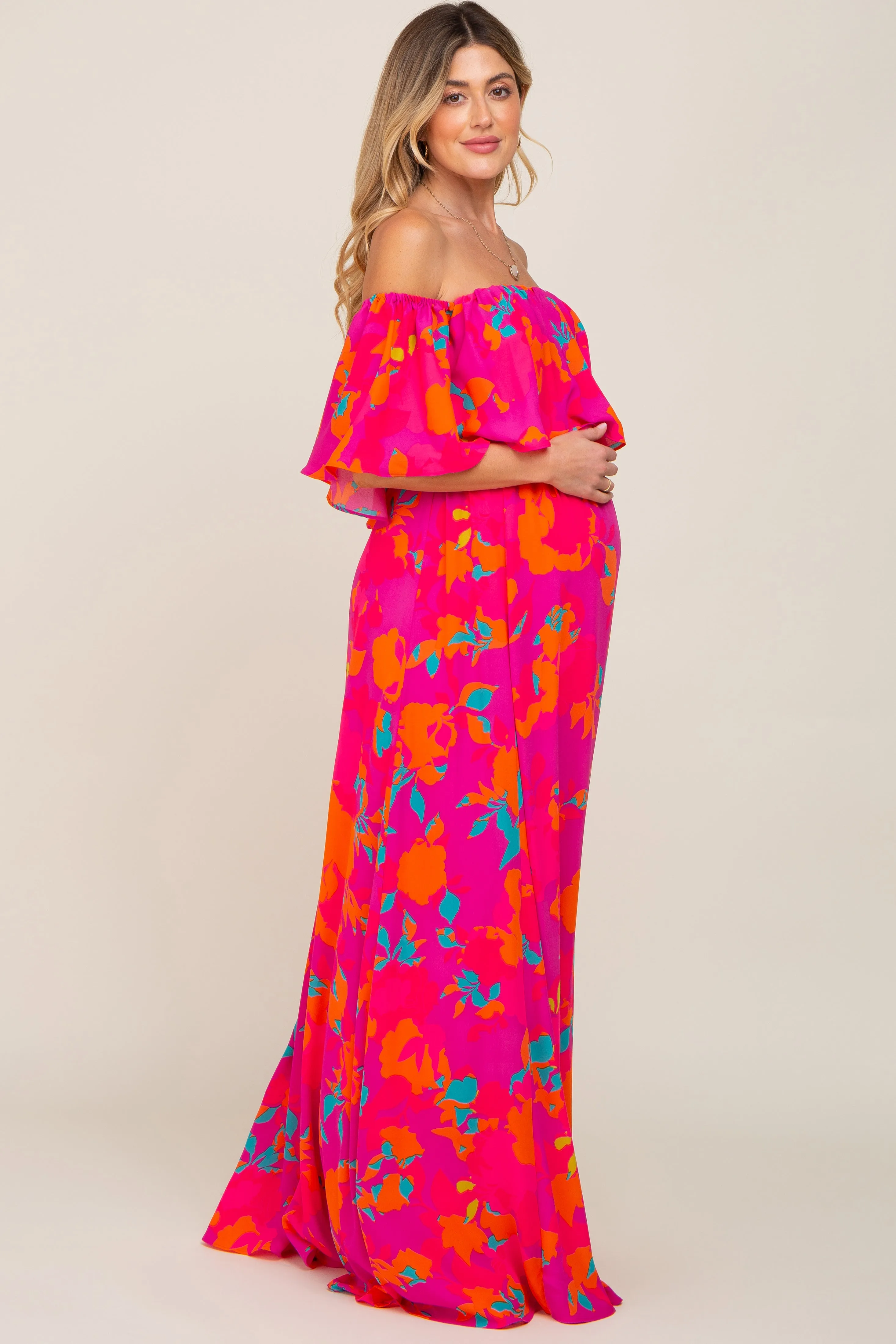 Fuchsia Floral Strapless Flounce Maternity Maxi Dress sold by Pinkblush product image thumbnail 2