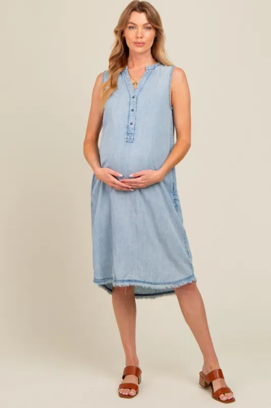 Light Blue Chambray Button Up Fringe Sleeveless Maternity Dress sold by Pinkblush