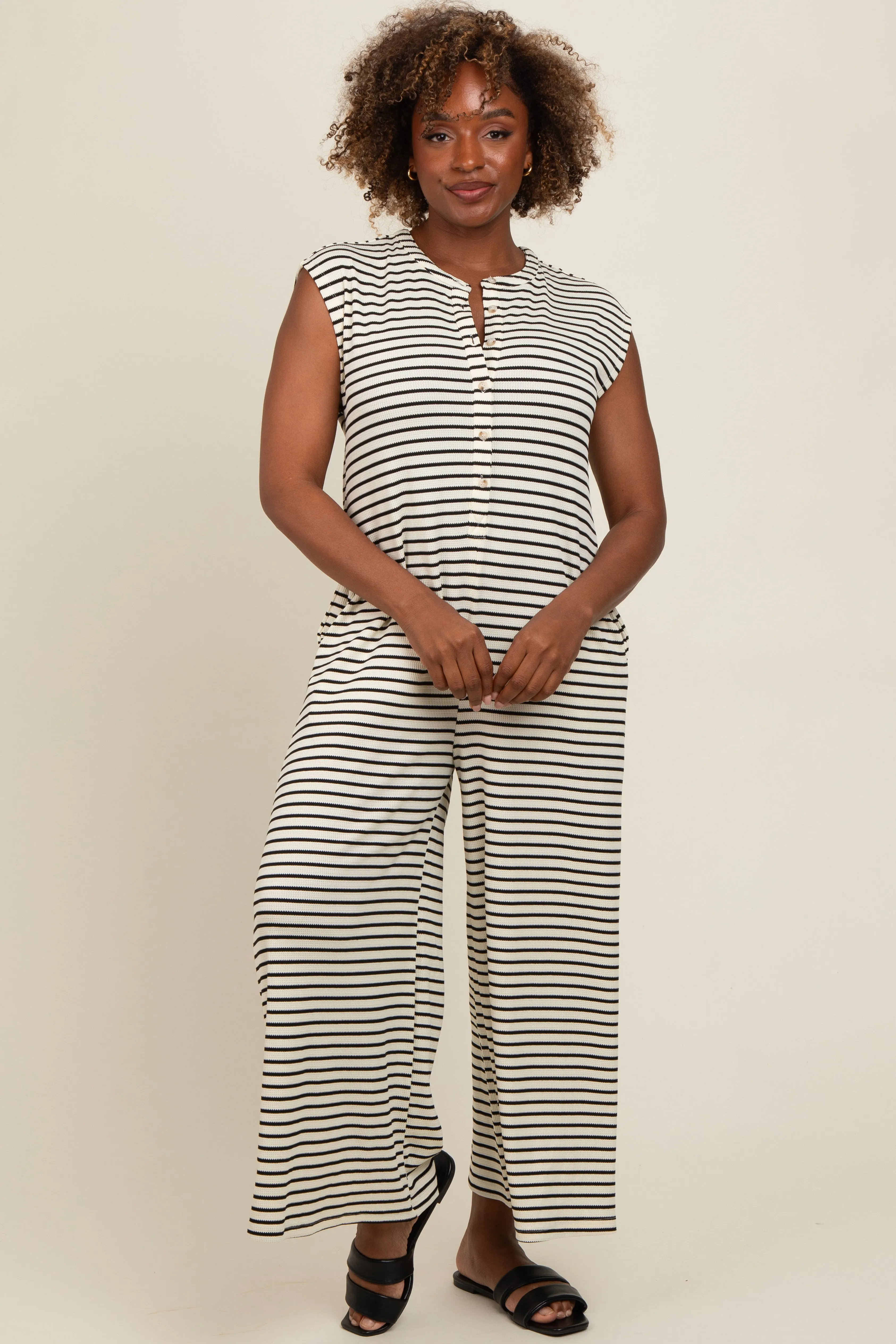 Black Striped Button Up Wide Leg Maternity Jumpsuit sold by Pinkblush product image thumbnail 5
