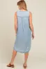 Light Blue Chambray Button Up Fringe Sleeveless Maternity Dress sold by Pinkblush