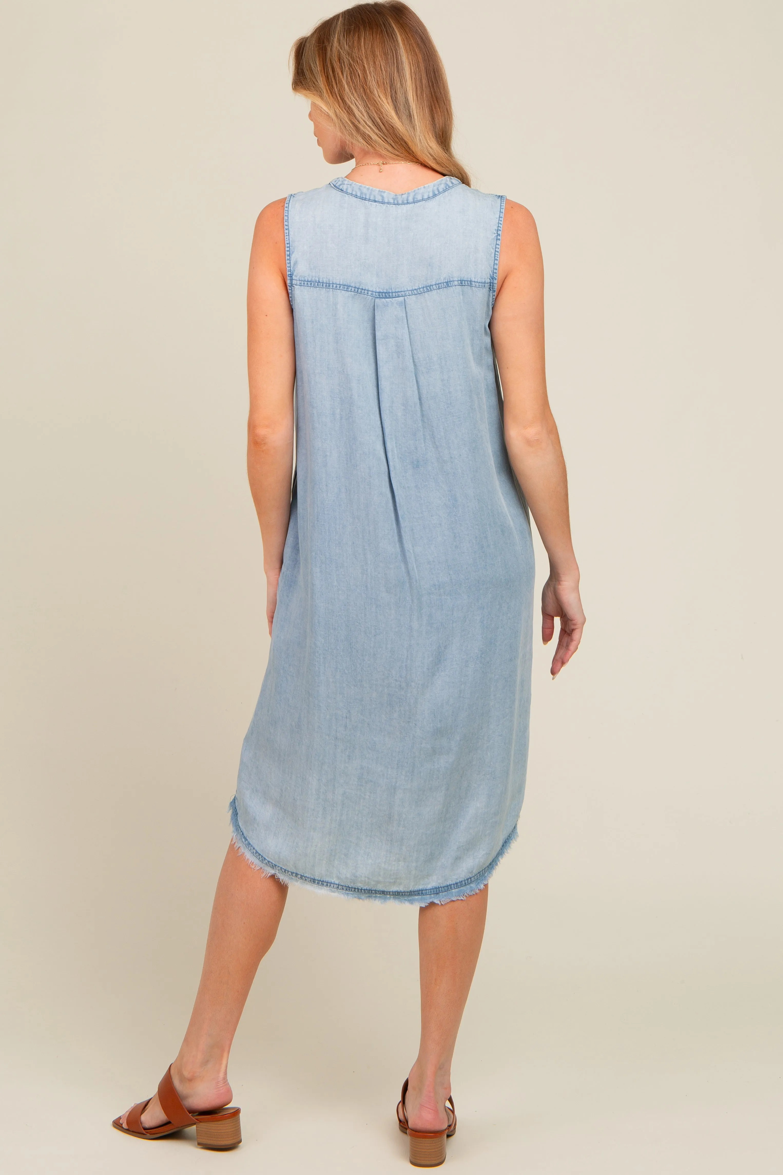 Light Blue Chambray Button Up Fringe Sleeveless Maternity Dress sold by Pinkblush product image thumbnail 2