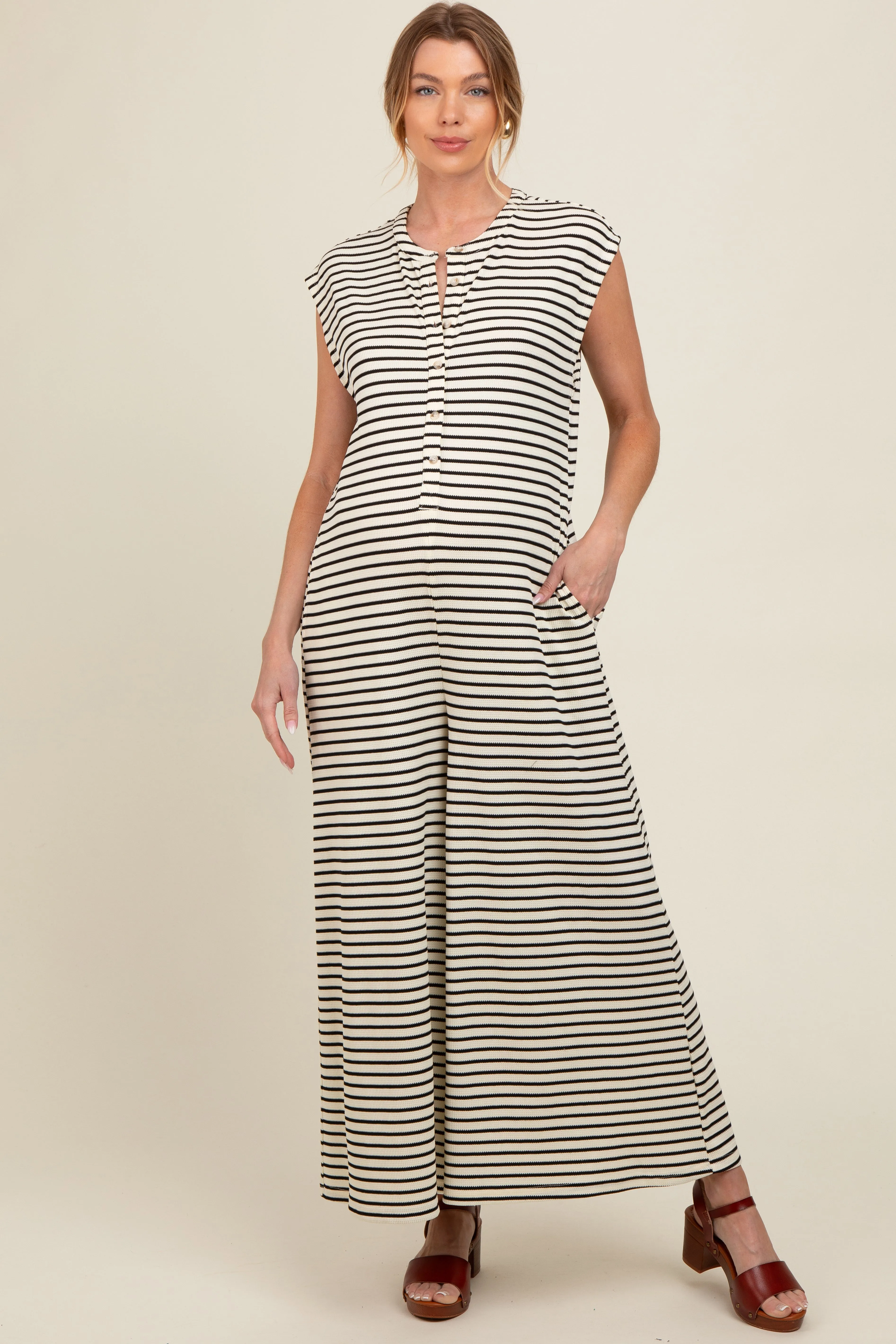 Black Striped Button Up Wide Leg Maternity Jumpsuit sold by Pinkblush product image thumbnail 3