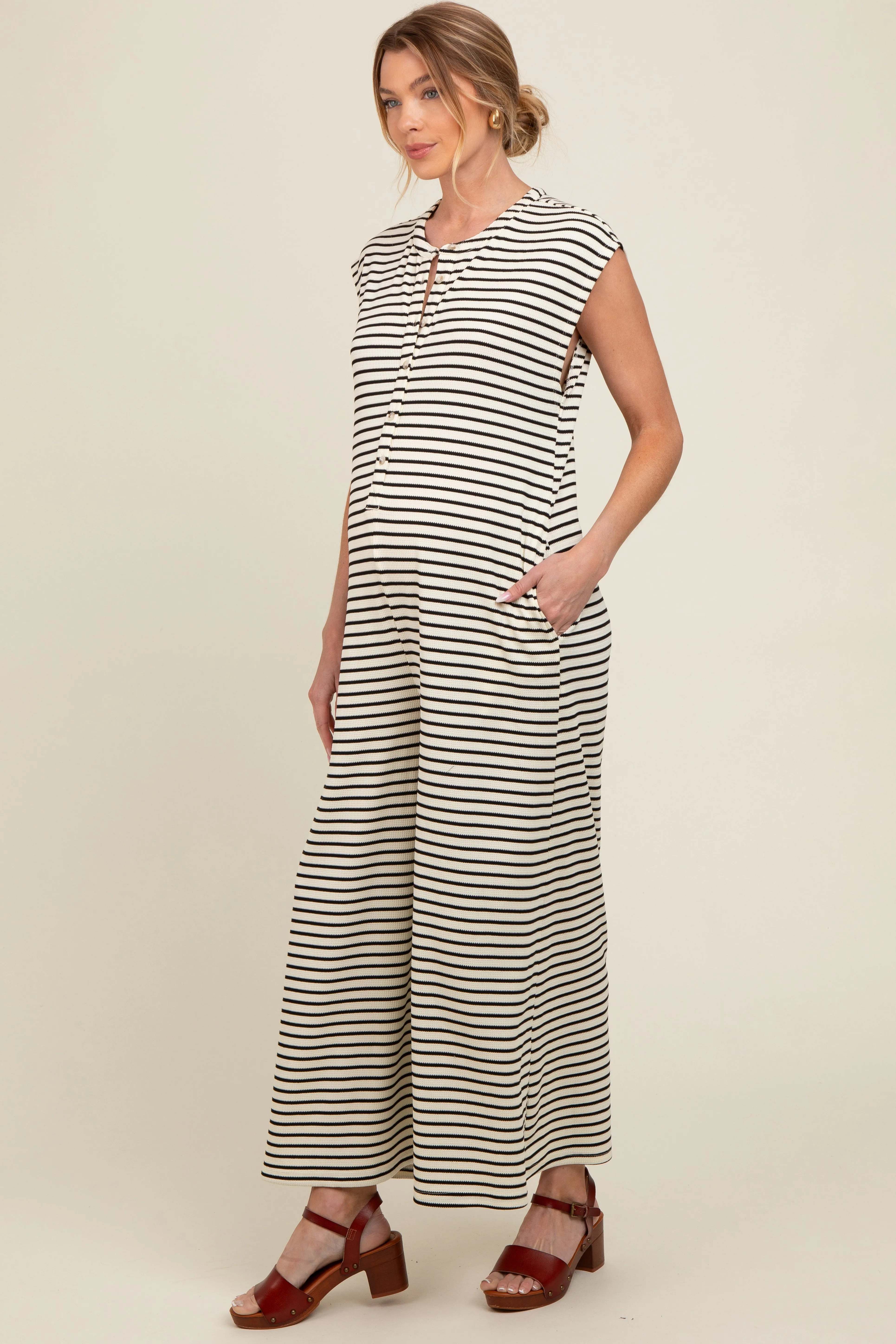 Black Striped Button Up Wide Leg Maternity Jumpsuit sold by Pinkblush