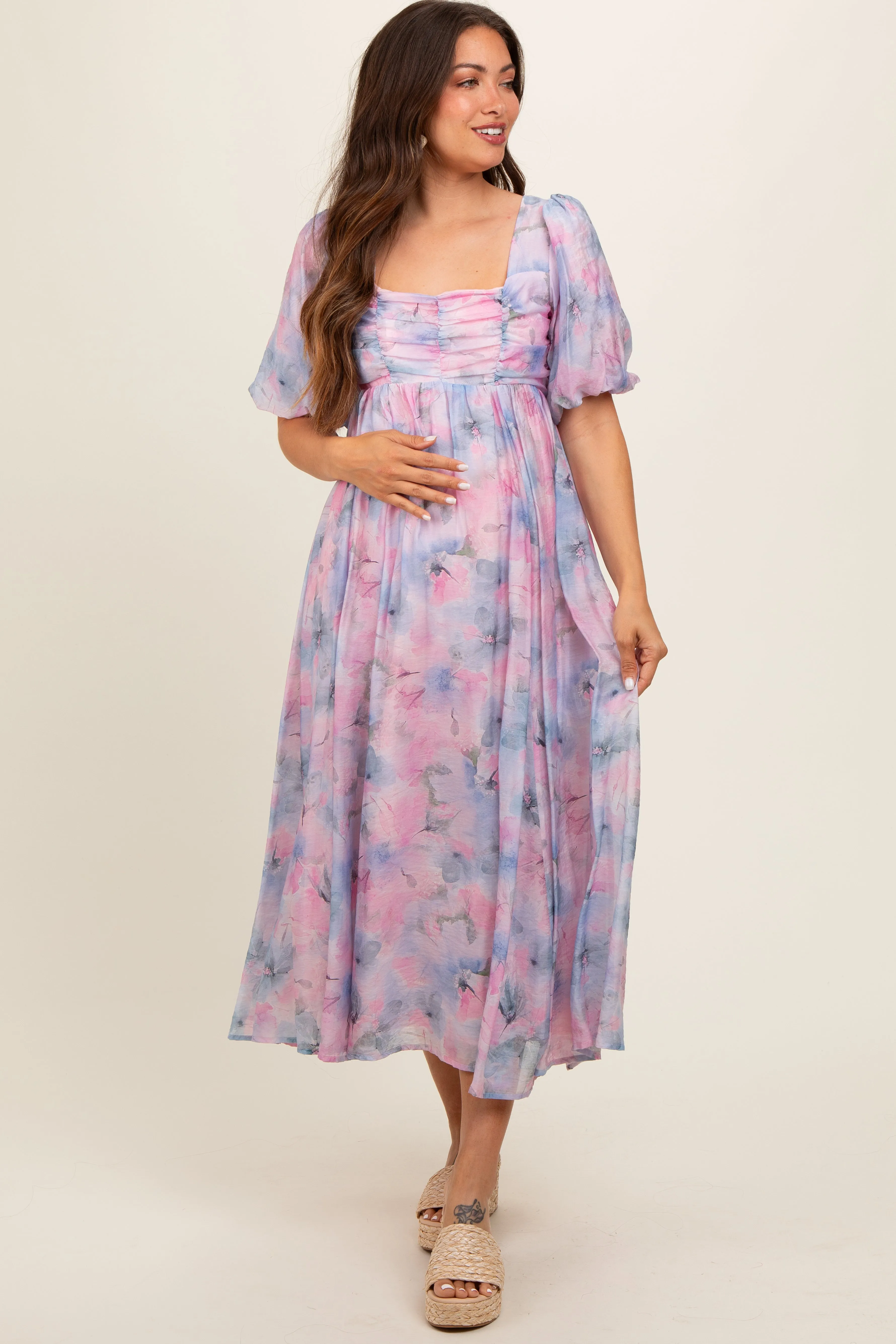Lavender Floral Square Neck Short Puff Sleeve Lace-Up Back Maternity Midi Dress sold by Pinkblush