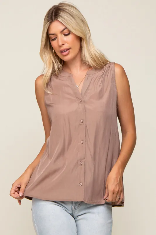 Mocha Sleeveless Front Button Top sold by Pinkblush
